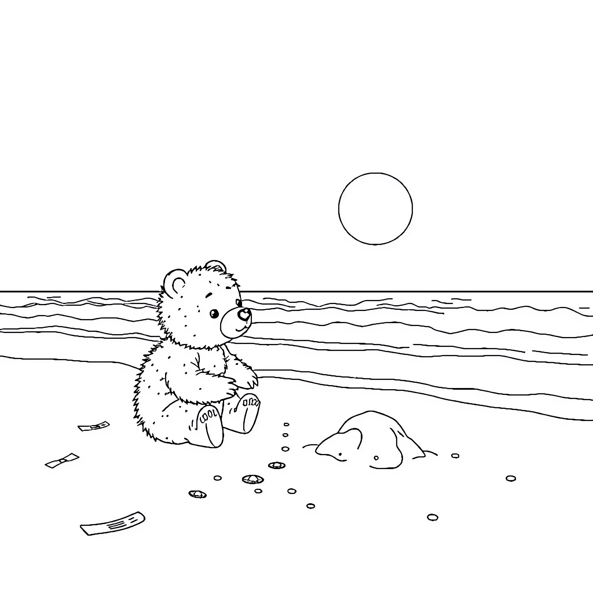 Our friendly bear playing by the beach Coloring Page (free black-and-white line drawing printable PDF for all, from beginners to advanced learners, including children, teens, adults, and seniors)