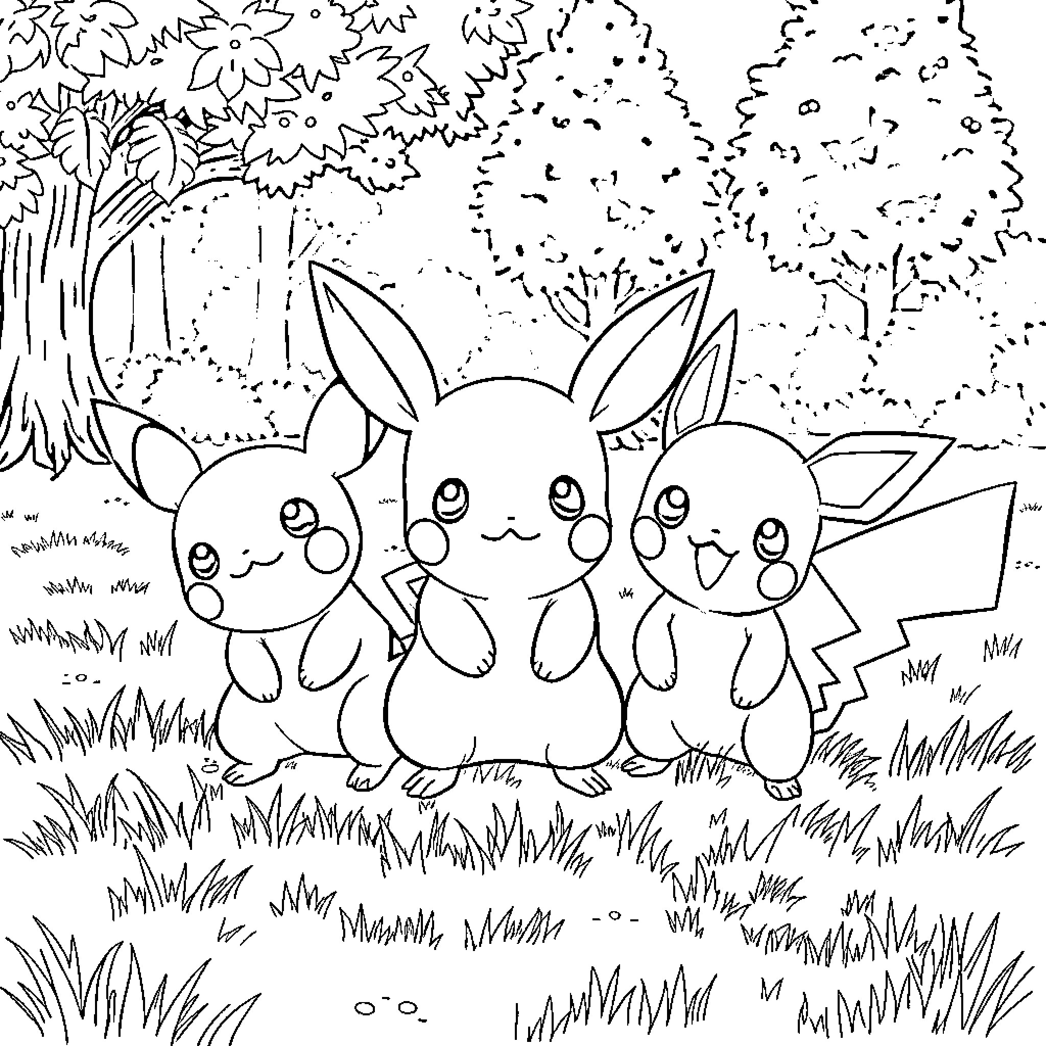 Pichu trio playing together in a forest Coloring Page (free black-and-white line drawing printable PDF for all, from beginners to advanced learners, including children, teens, adults, and seniors)