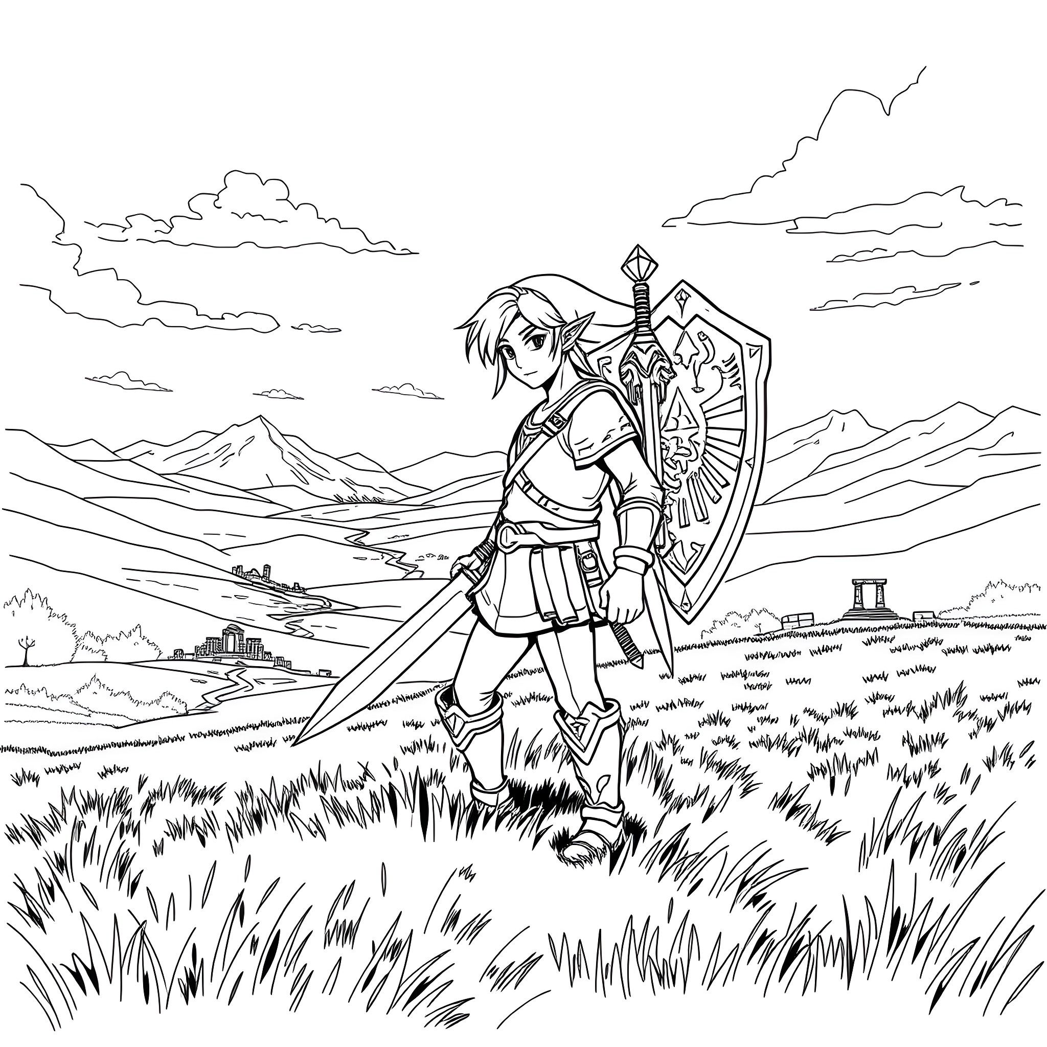 Link in a heroic pose with sword and shield Coloring Page (free black-and-white line drawing printable PDF for all, from beginners to advanced learners, including children, teens, adults, and seniors)