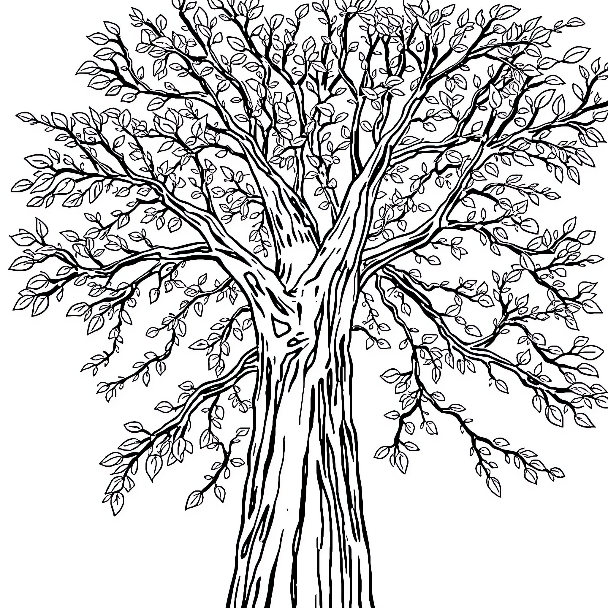 Tree with intricate branching and detailed foliage Coloring Page (free black-and-white line drawing printable PDF for all, from beginners to advanced learners, including children, teens, adults, and seniors)