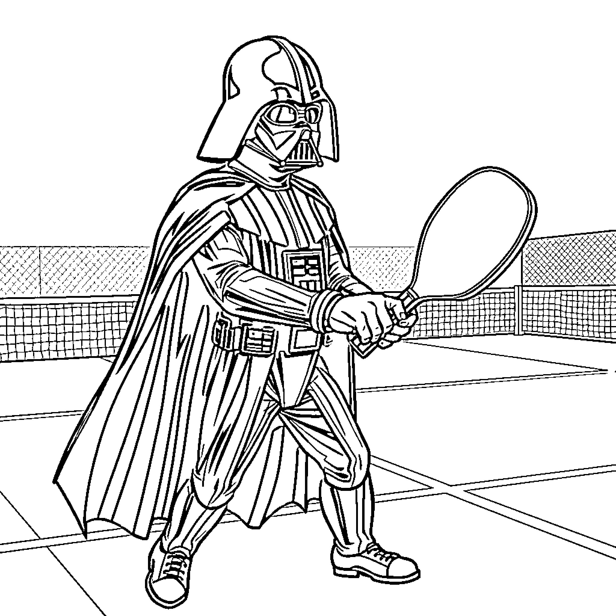 Darth Vader playing tennis on the court Coloring Page (free black-and-white line drawing printable PDF for all, from beginners to advanced learners, including children, teens, adults, and seniors)
