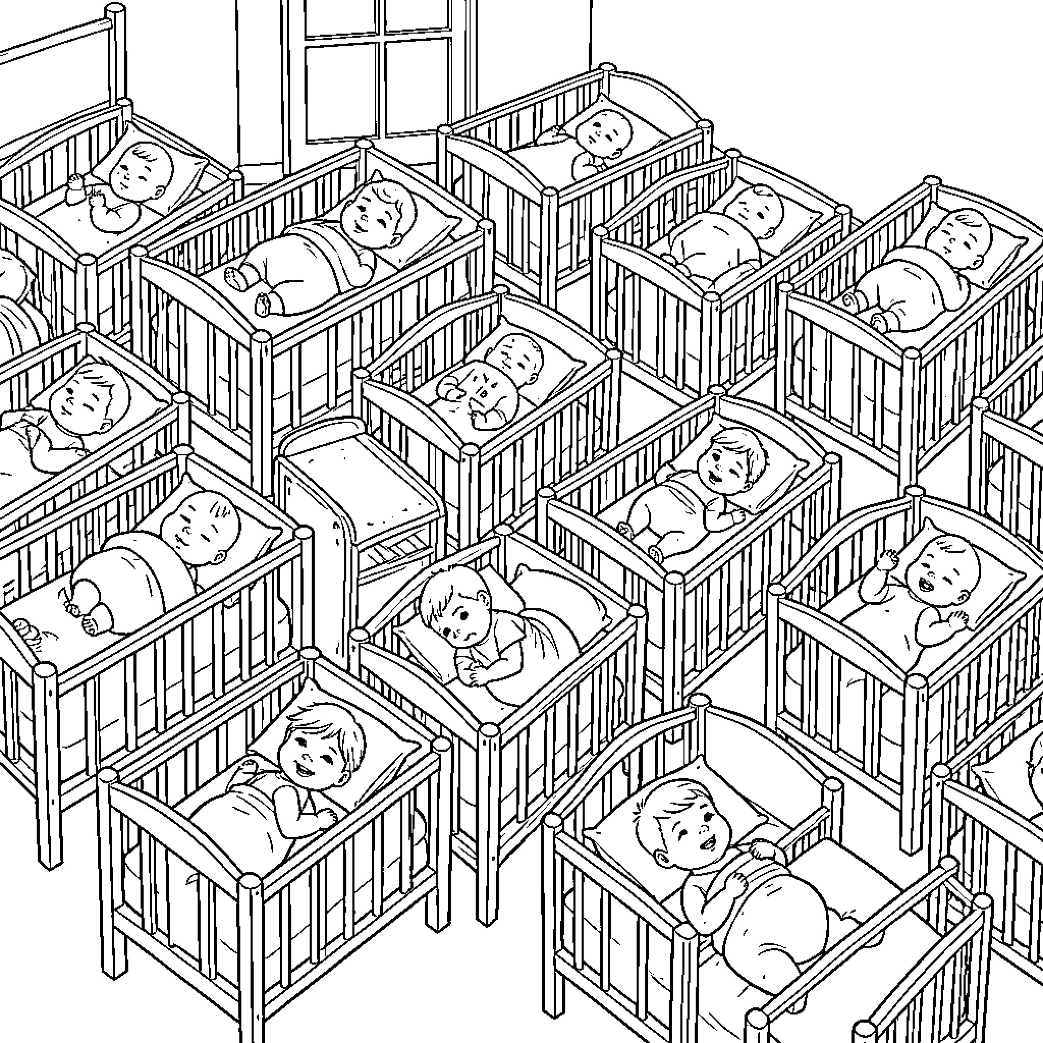 Baby sleeping peacefully in many small cribs Coloring Page (free black-and-white line drawing printable PDF for all, from beginners to advanced learners, including children, teens, adults, and seniors)