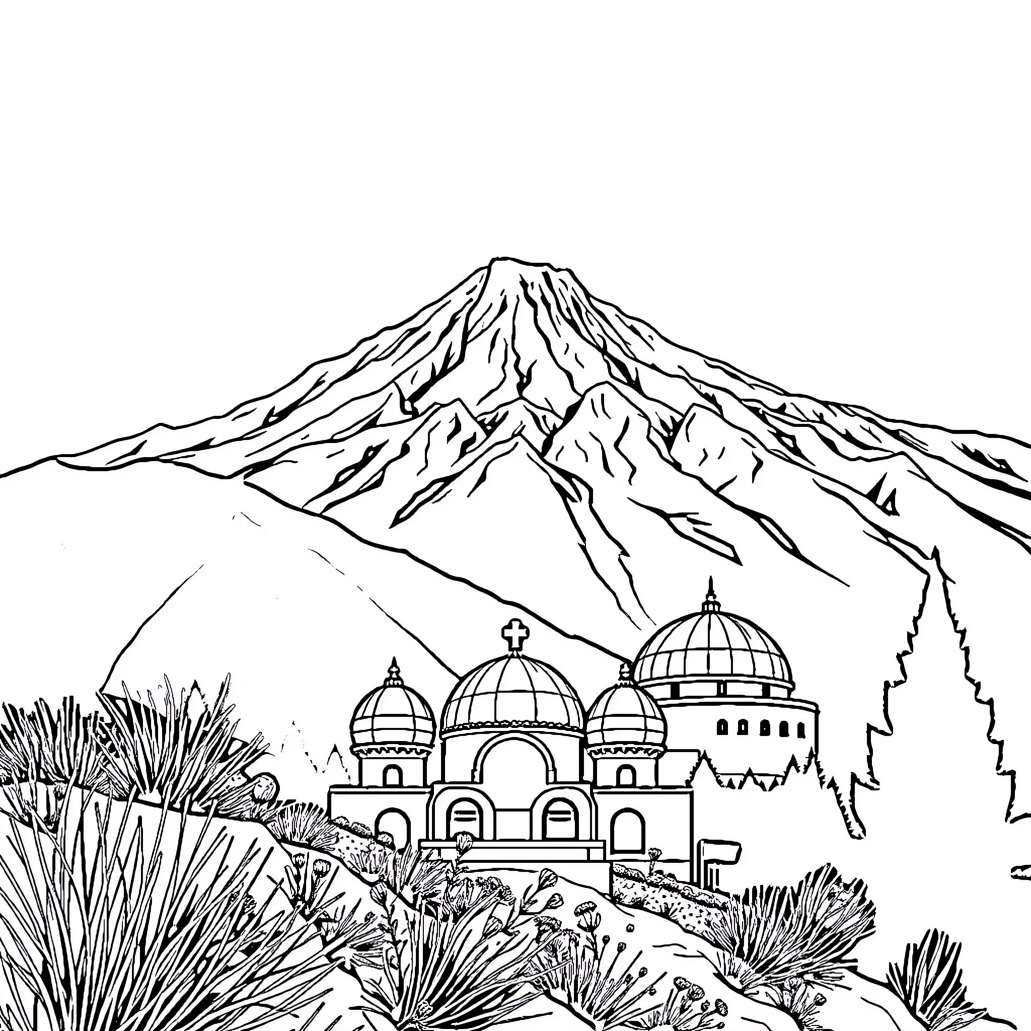 Armenia - Majestic Mountain Landscape with Ornate Domes Coloring Page (free black-and-white line drawing printable PDF for all, from beginners to advanced learners, including children, teens, adults, and seniors)
