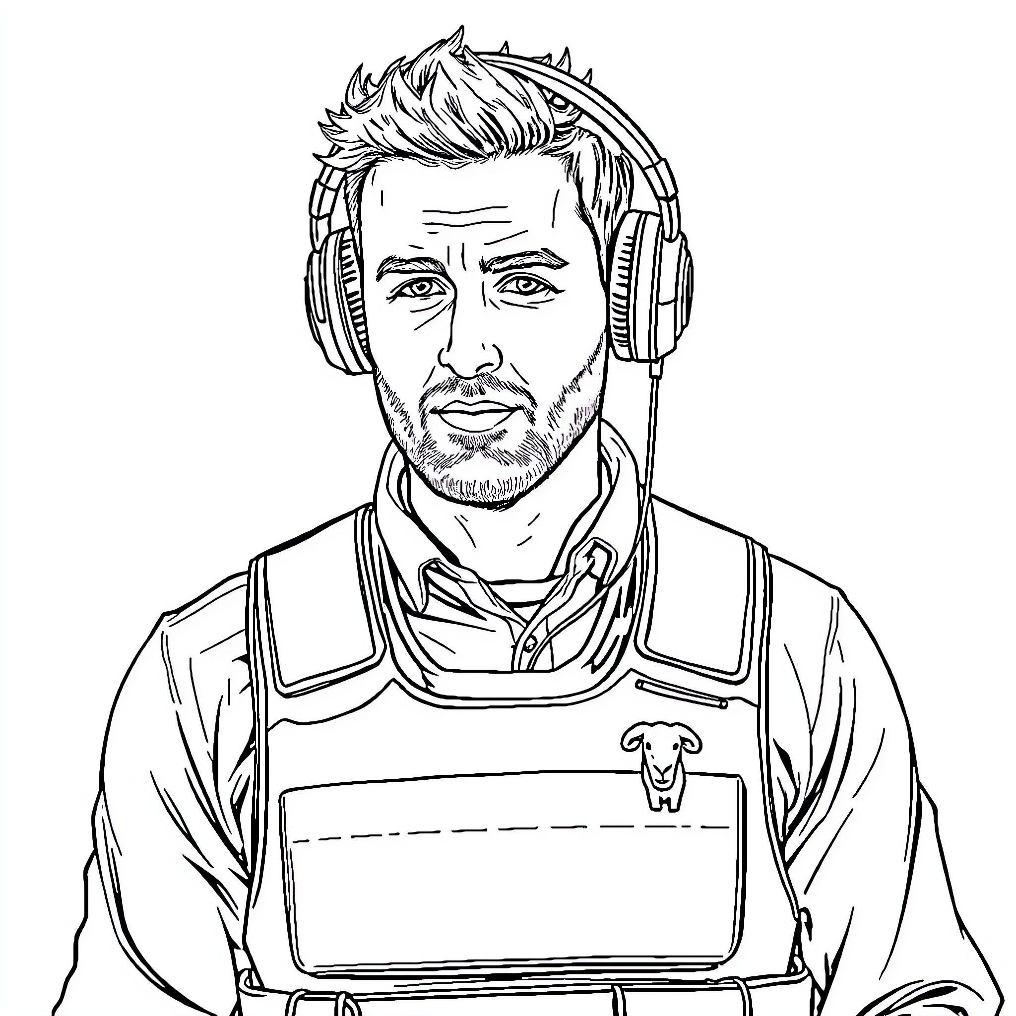Guy in headphones and work vest Coloring Page (free black-and-white line drawing printable PDF for all, from beginners to advanced learners, including children, teens, adults, and seniors)