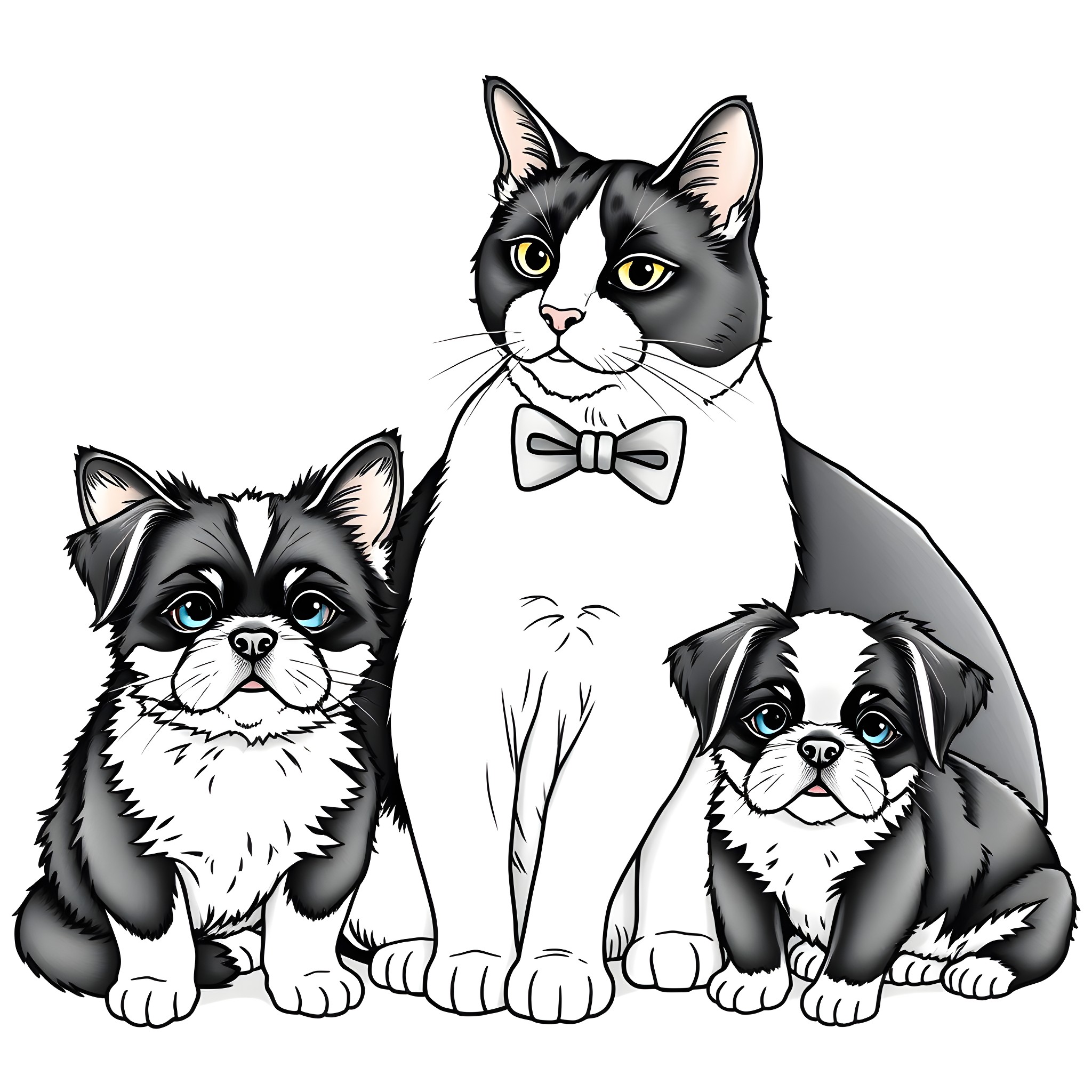 Cat family posing in formal attire Coloring Page (free black-and-white line drawing printable PDF for all, from beginners to advanced learners, including children, teens, adults, and seniors)