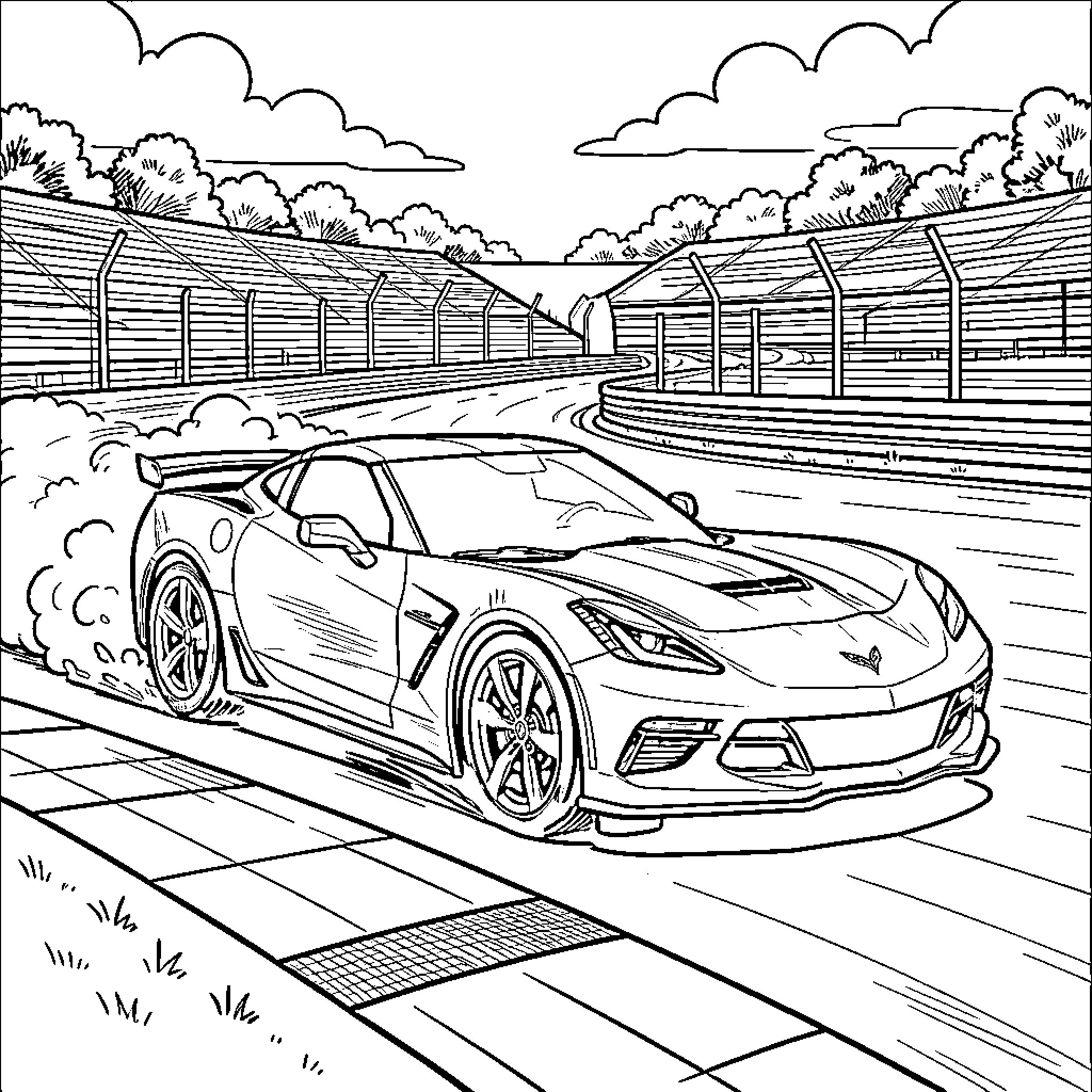 Corvette racing fast on a professional track Coloring Page (free black-and-white line drawing printable PDF for all, from beginners to advanced learners, including children, teens, adults, and seniors)