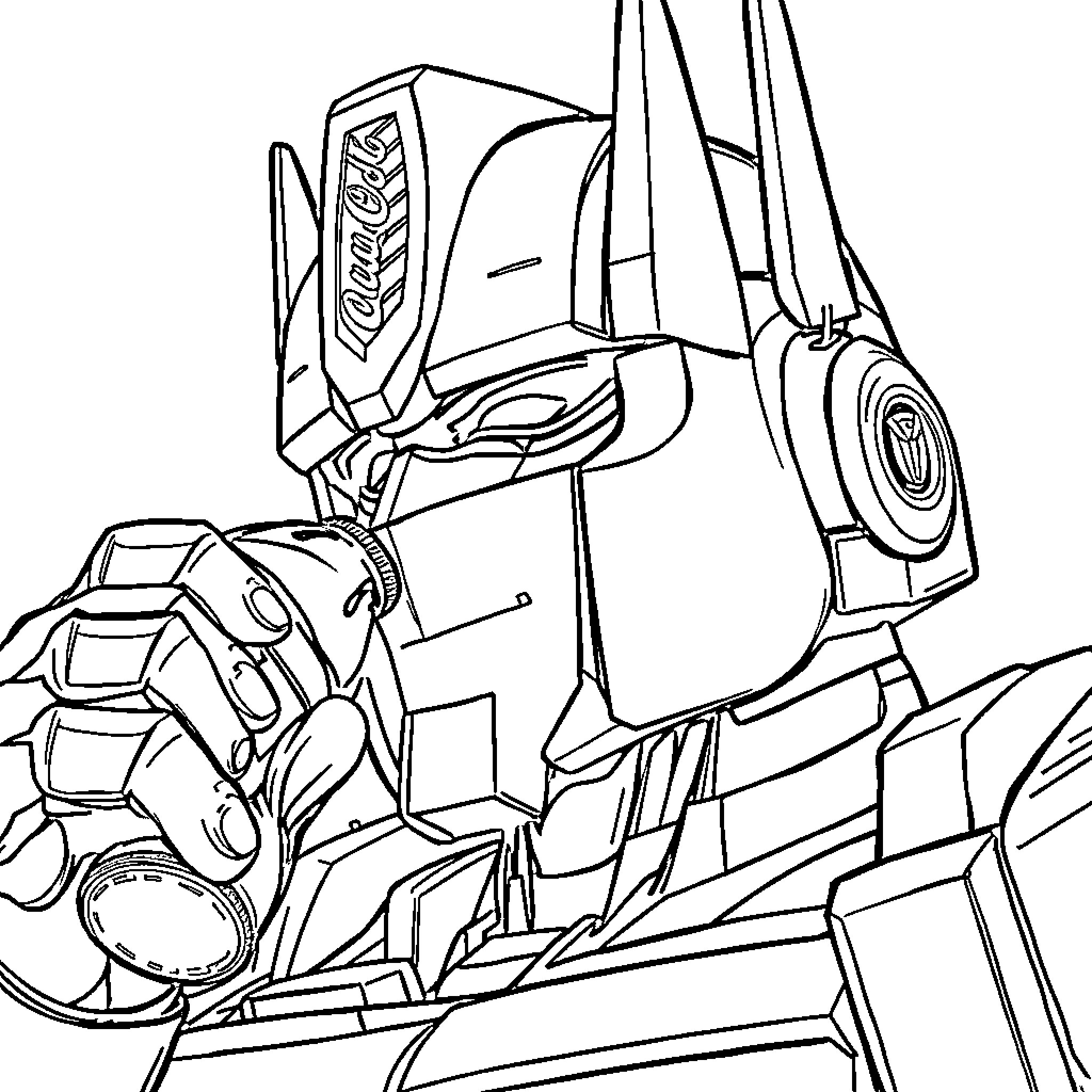 Optimus Prime, the heroic Autobot leader, in action Coloring Page (free black-and-white line drawing printable PDF for all, from beginners to advanced learners, including children, teens, adults, and seniors)