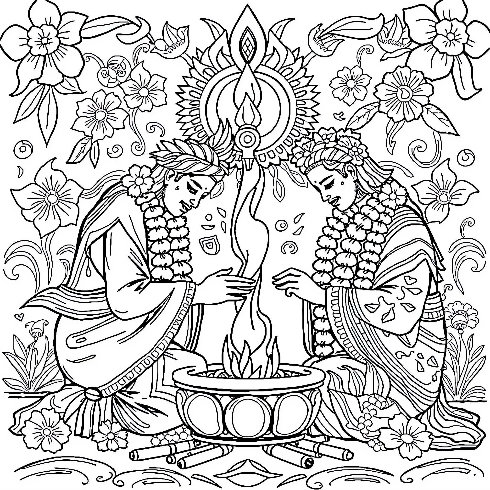 Namakarana - Ceremonial Ritual with Floral Imagery Coloring Page (free black-and-white line drawing printable PDF for all, from beginners to advanced learners, including children, teens, adults, and seniors)