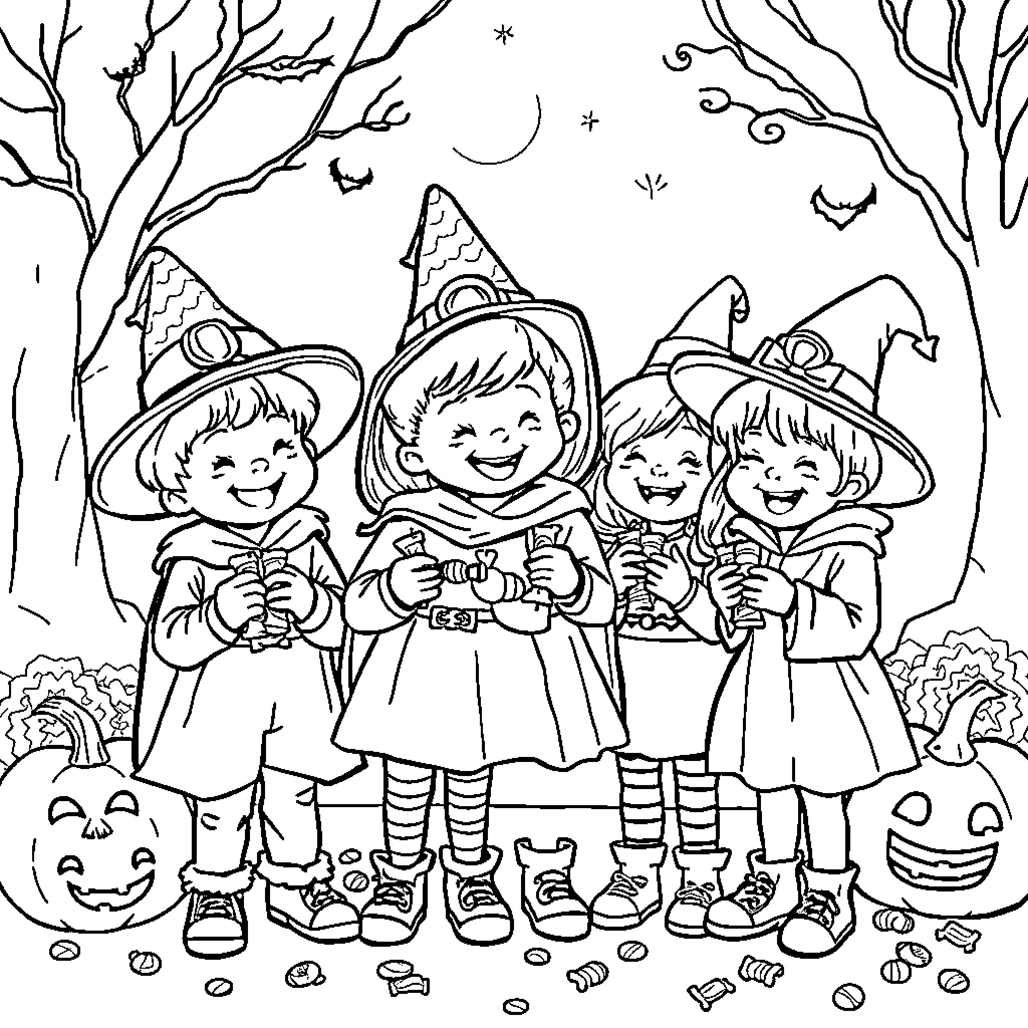 Kids Halloween Trick-or-Treating in Spooky Forest Coloring Page (free black-and-white line drawing printable PDF for all, from beginners to advanced learners, including children, teens, adults, and seniors)