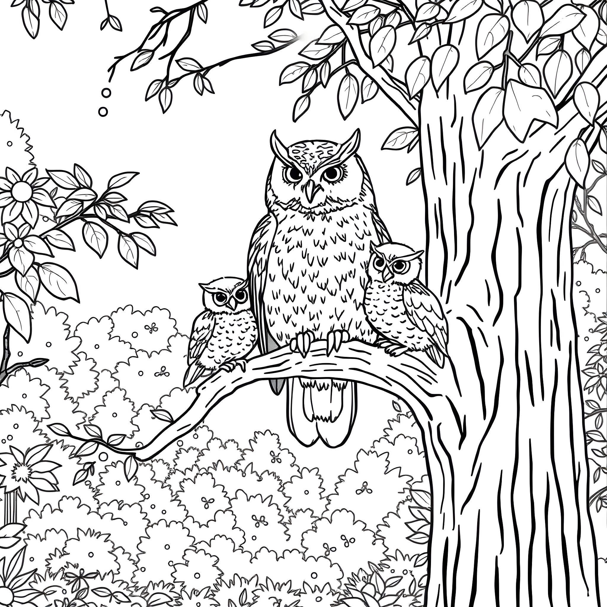 Owl family in a forest Coloring Page (free black-and-white line drawing printable PDF for all, from beginners to advanced learners, including children, teens, adults, and seniors)