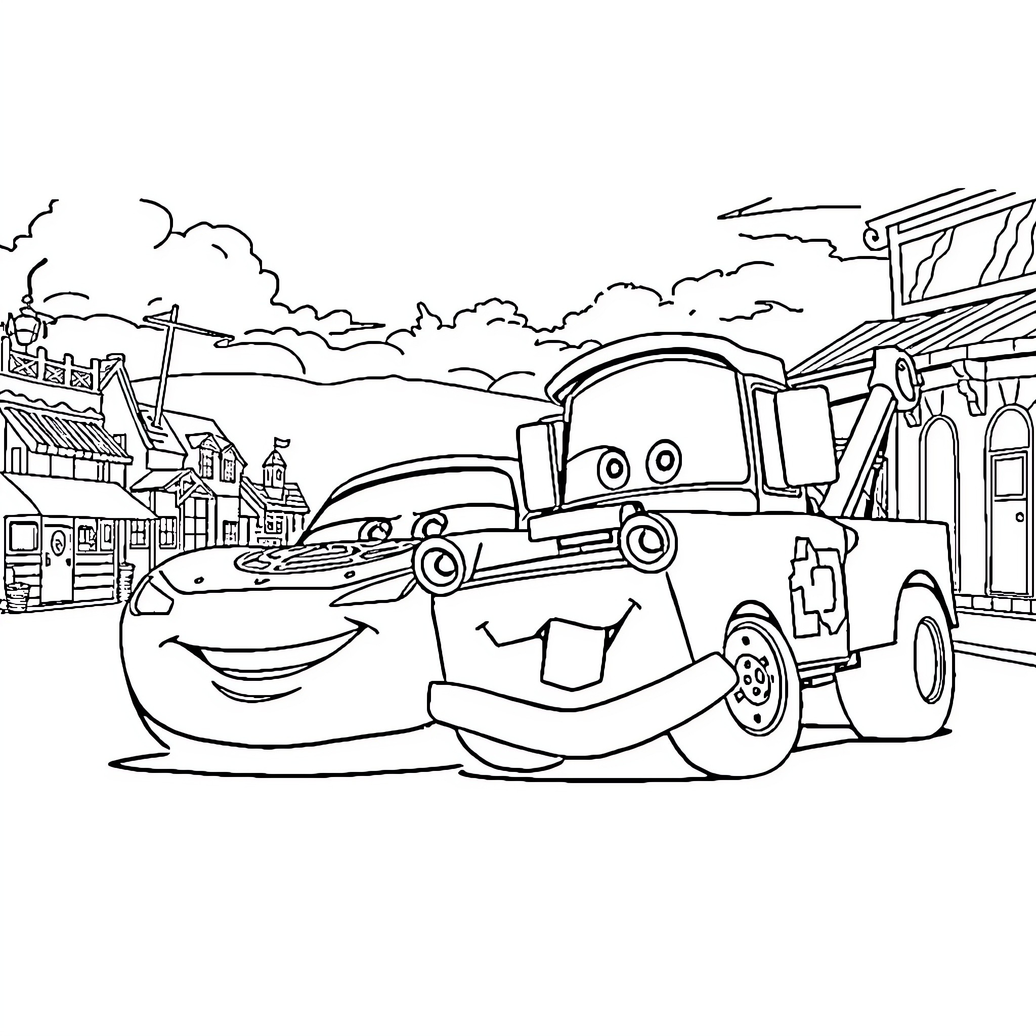 Lightning McQueen's Tow Truck Adventure Coloring Page (free black-and-white line drawing printable PDF for all, from beginners to advanced learners, including children, teens, adults, and seniors)