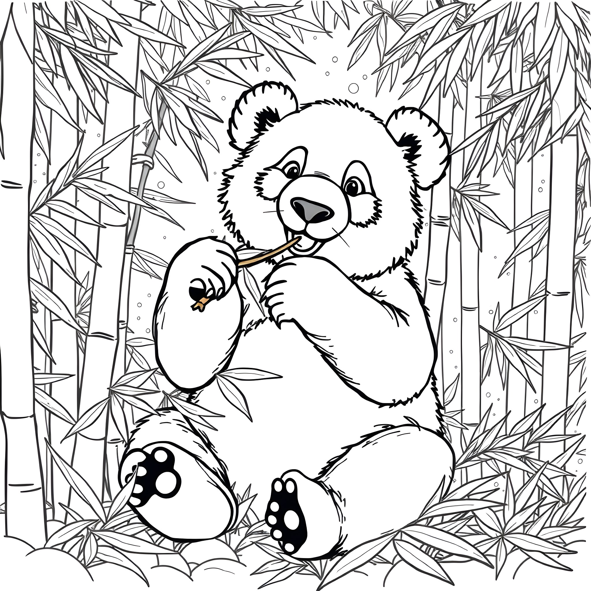 Panda eating bamboo in the forest Coloring Page (free black-and-white line drawing printable PDF for all, from beginners to advanced learners, including children, teens, adults, and seniors)
