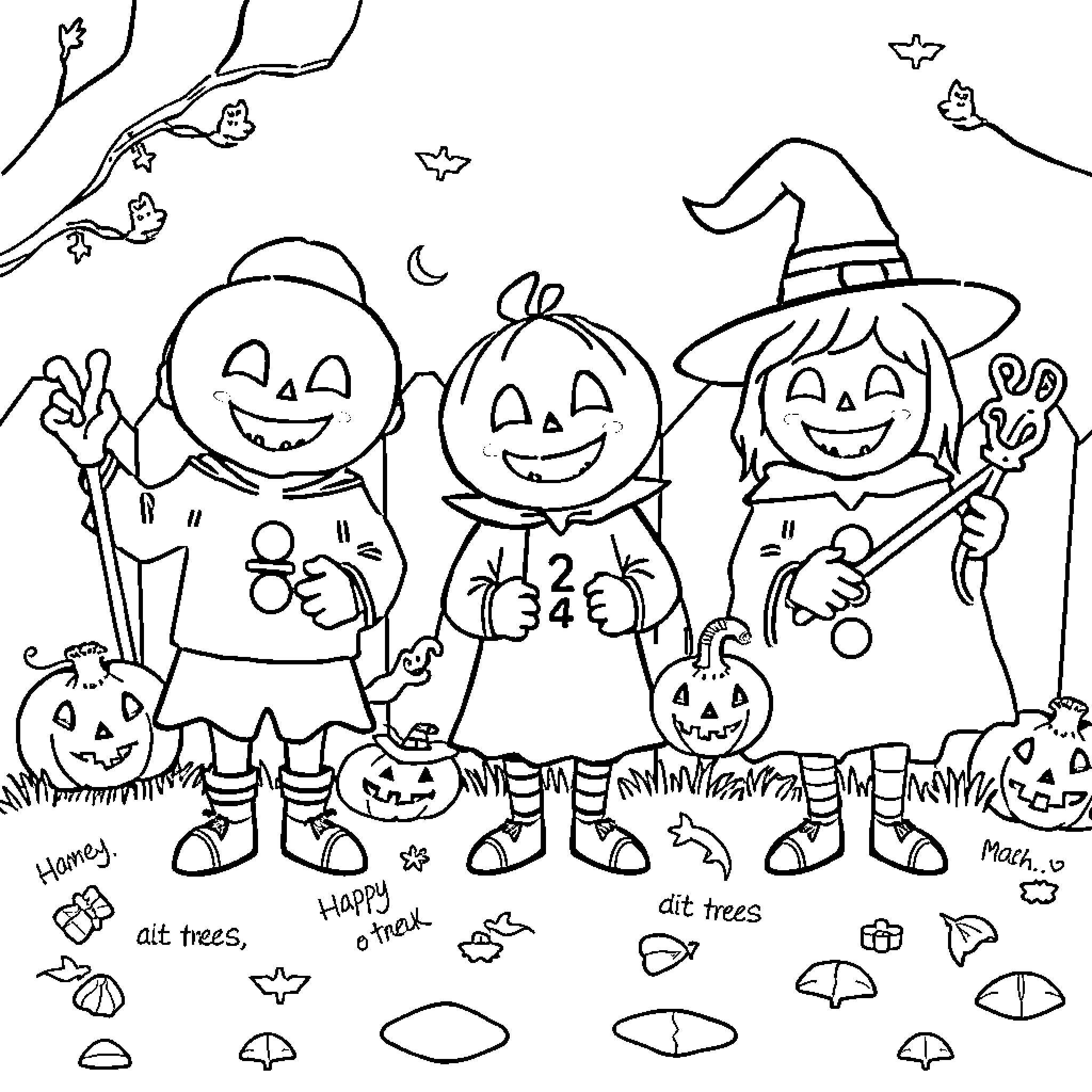Math Symbol Trick-or-Treating Pumpkin Friends Coloring Page (free black-and-white line drawing printable PDF for all, from beginners to advanced learners, including children, teens, adults, and seniors)