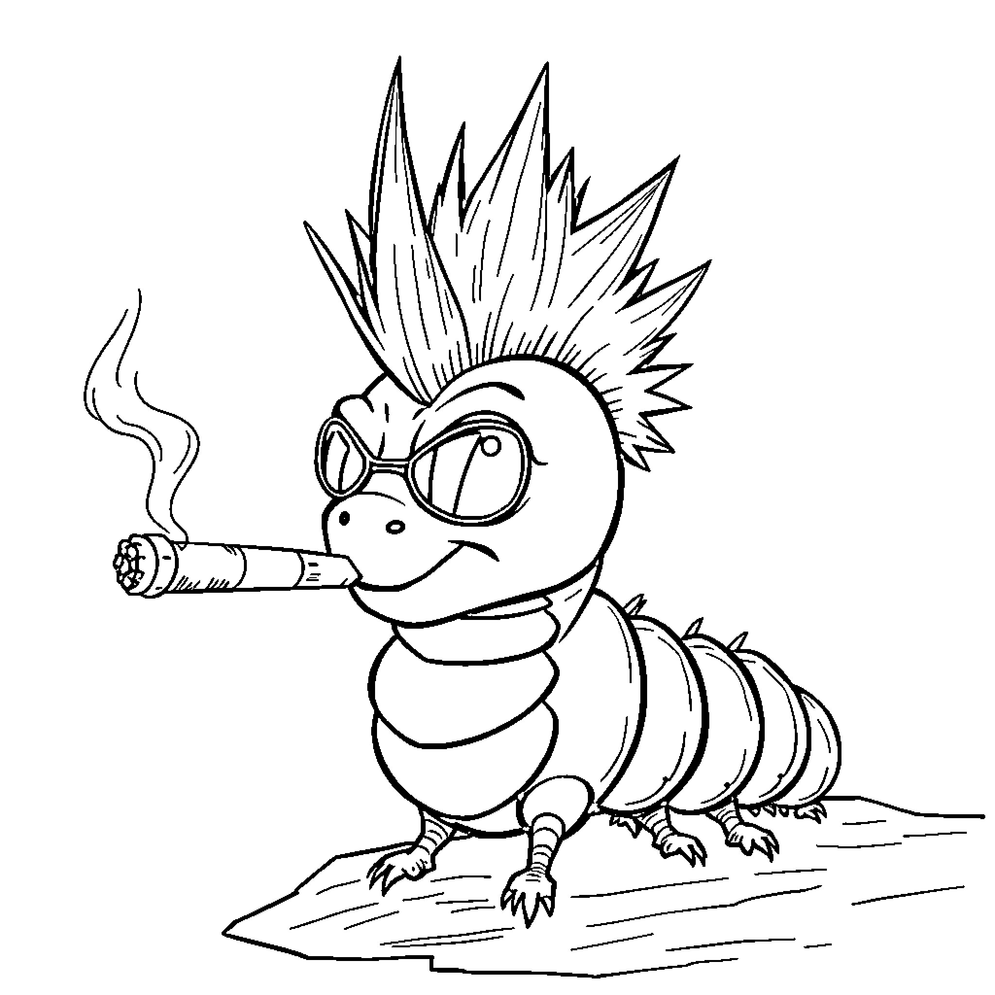 Caterpillar with Punk Hairstyle Smoking a Cigarette Coloring Page (free black-and-white line drawing printable PDF for all, from beginners to advanced learners, including children, teens, adults, and seniors)