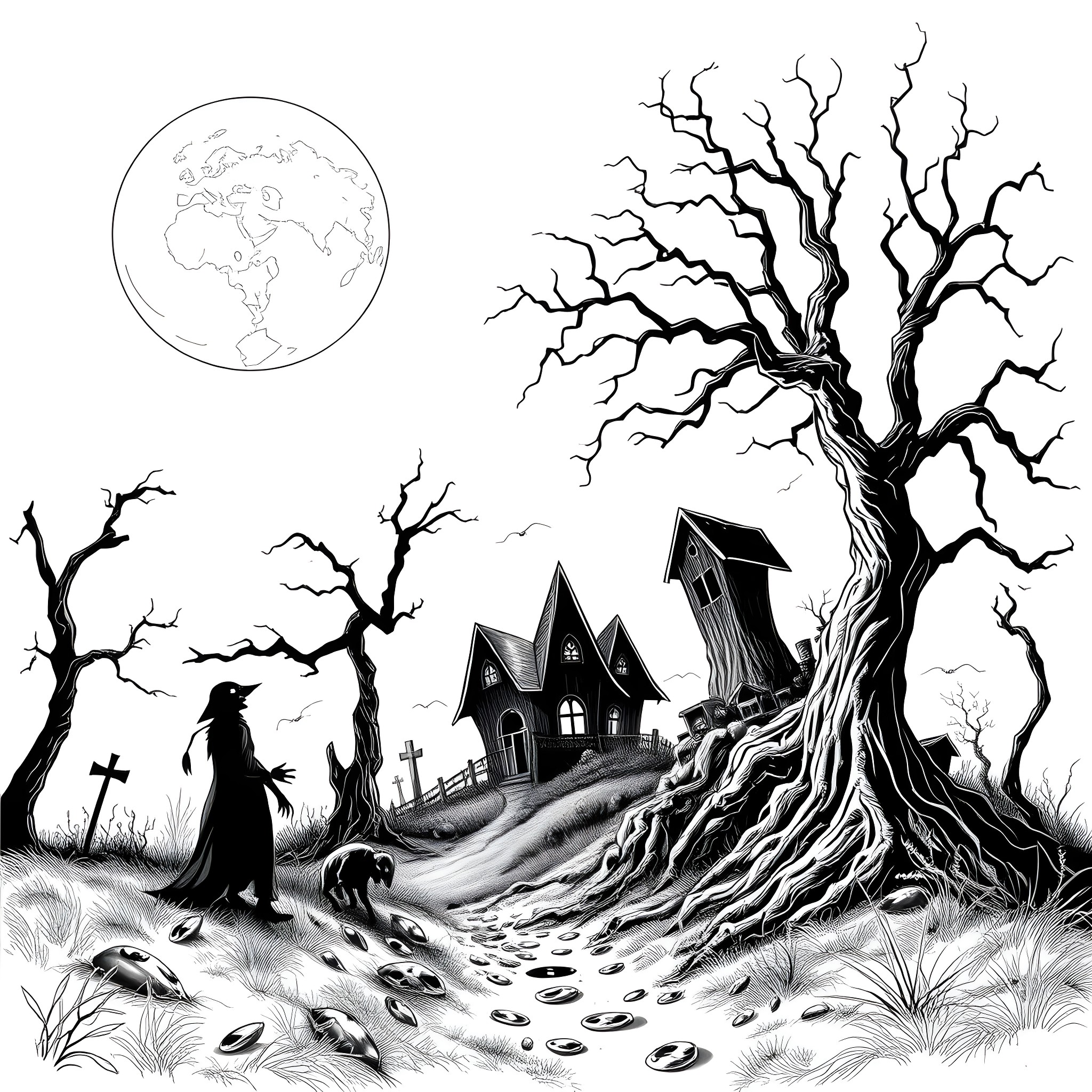 Stuff in a Spooky Nighttime Scene Coloring Page (free black-and-white line drawing printable PDF for all, from beginners to advanced learners, including children, teens, adults, and seniors)