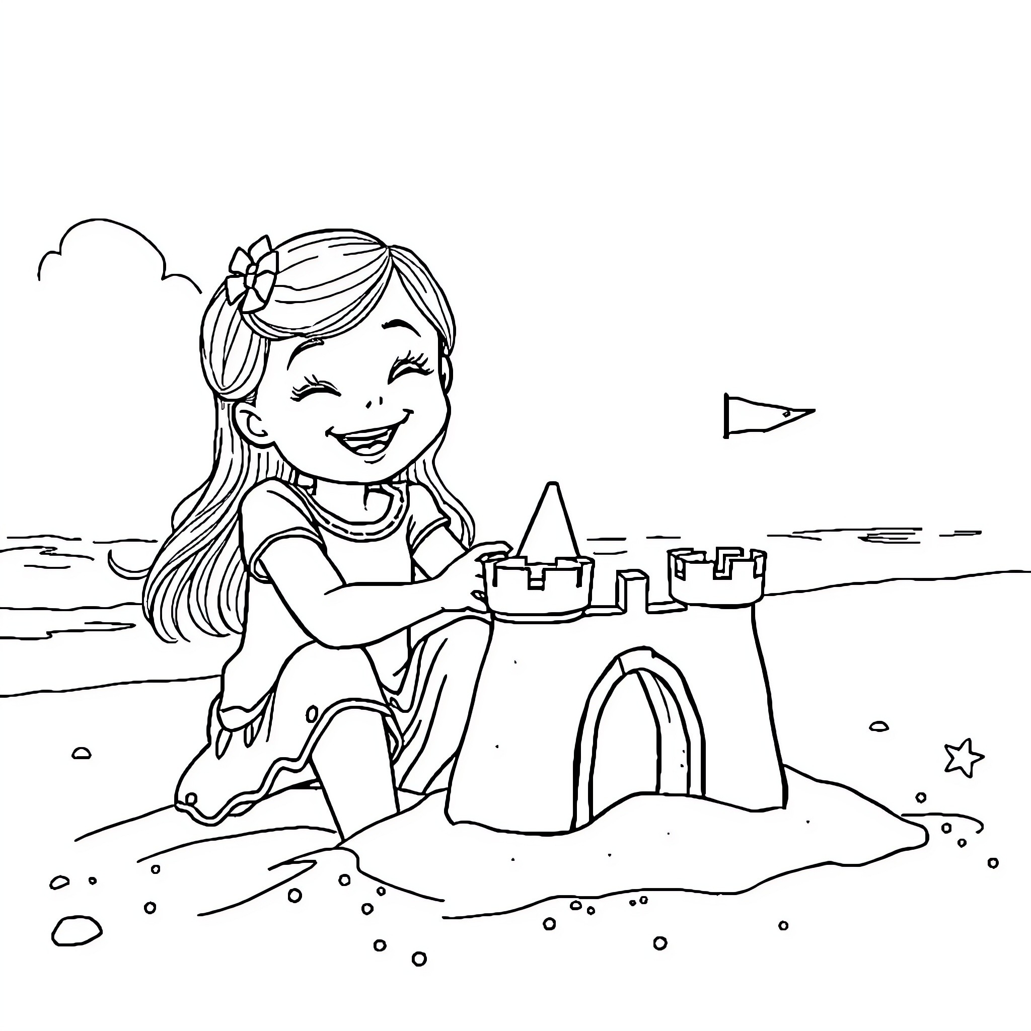 Fille playing happily at the beach with sand castle Coloring Page (free black-and-white line drawing printable PDF for all, from beginners to advanced learners, including children, teens, adults, and seniors)