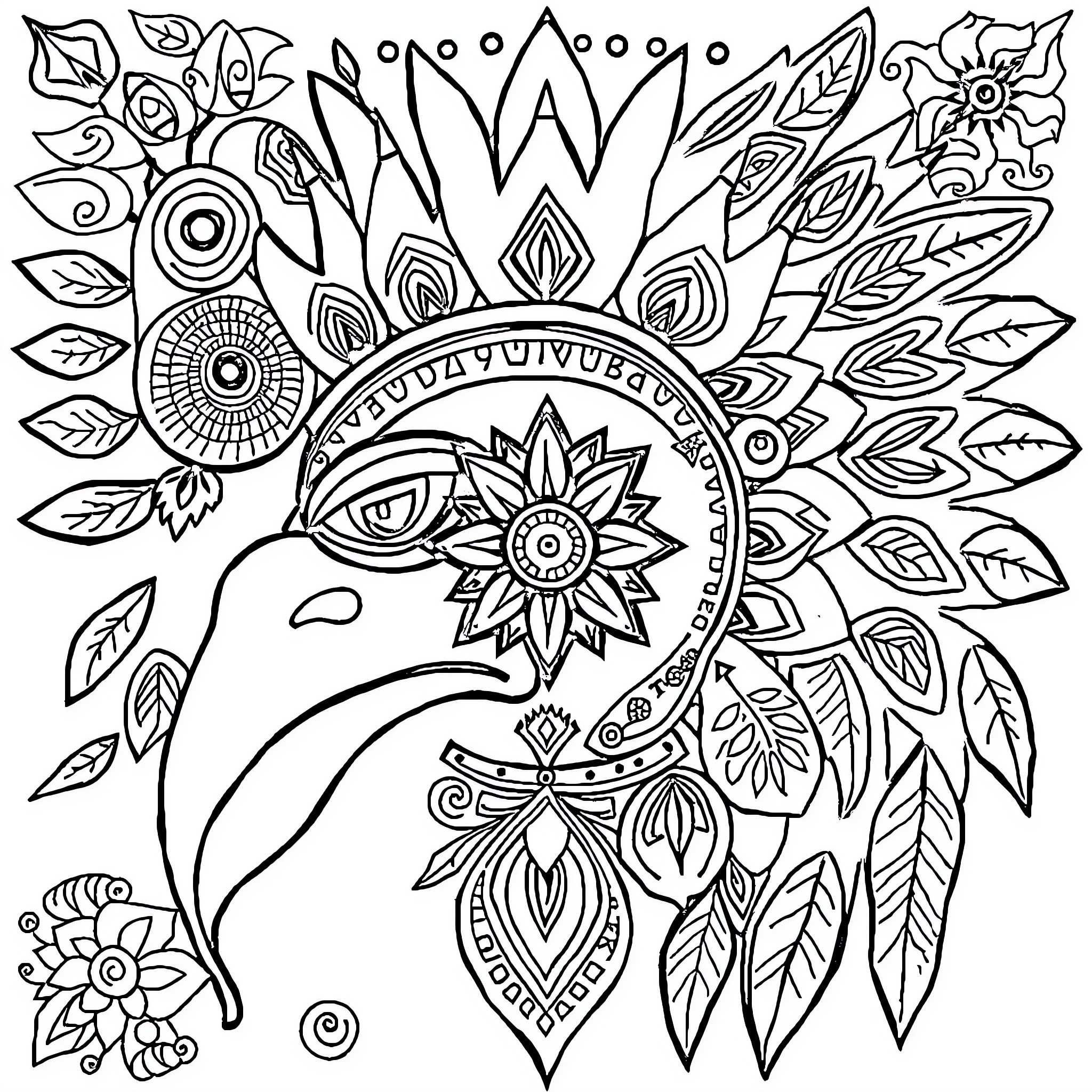 Indigenous Artwork with Intricate Floral Patterns Coloring Page (free black-and-white line drawing printable PDF for all, from beginners to advanced learners, including children, teens, adults, and seniors)
