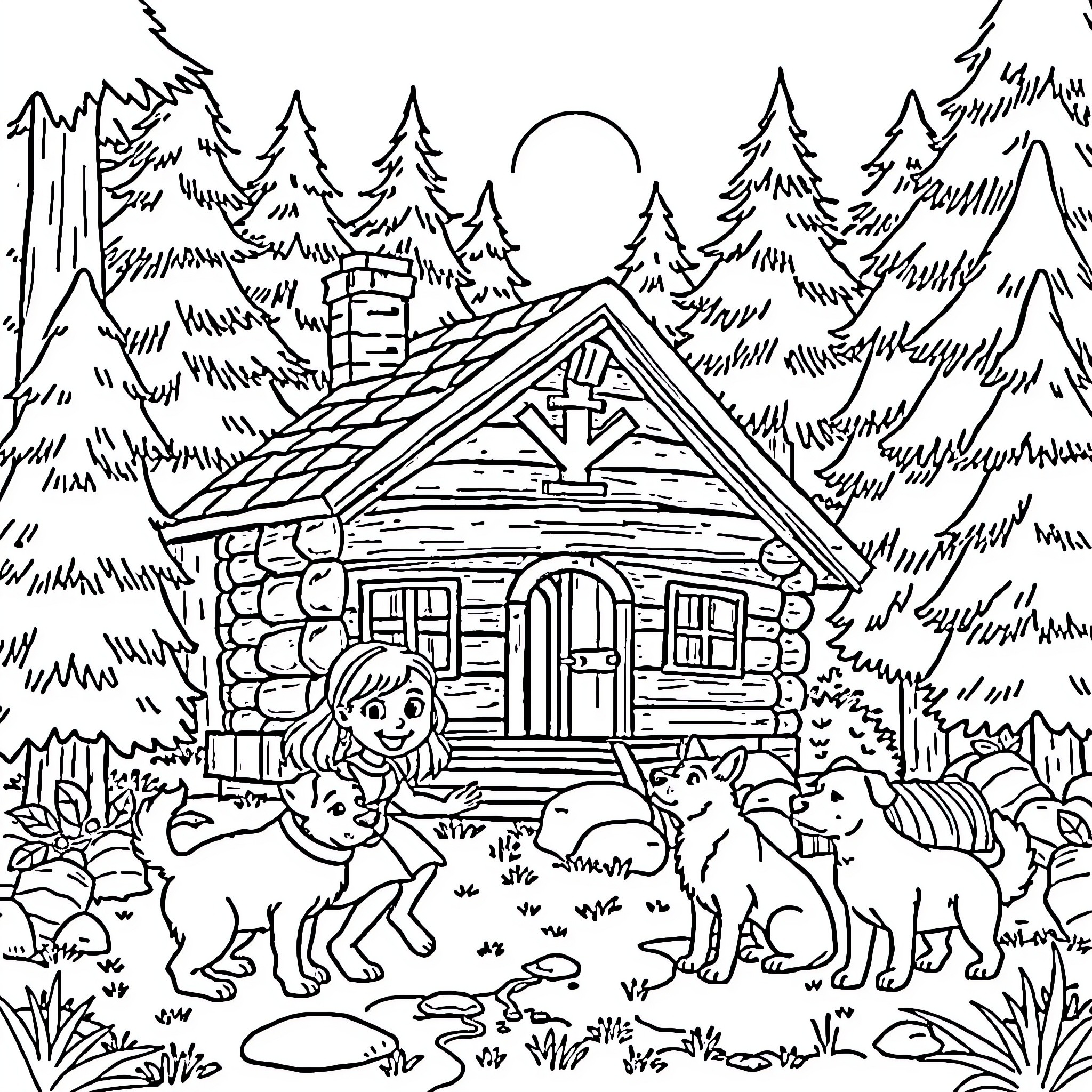 Log Cabin with Animals in a Forest Setting Coloring Page (free black-and-white line drawing printable PDF for all, from beginners to advanced learners, including children, teens, adults, and seniors)