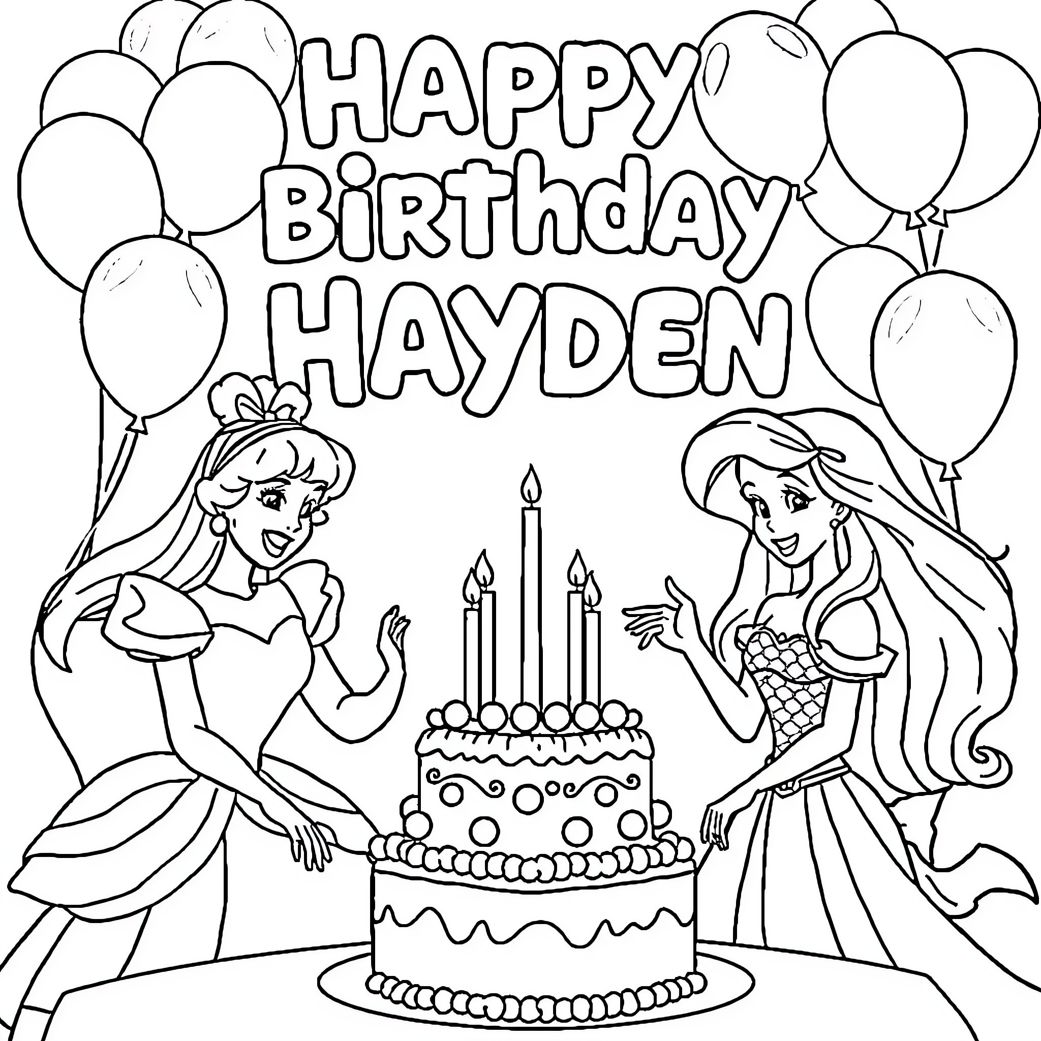 Disney Princess Birthday Celebration with Balloons Coloring Page (free black-and-white line drawing printable PDF for all, from beginners to advanced learners, including children, teens, adults, and seniors)