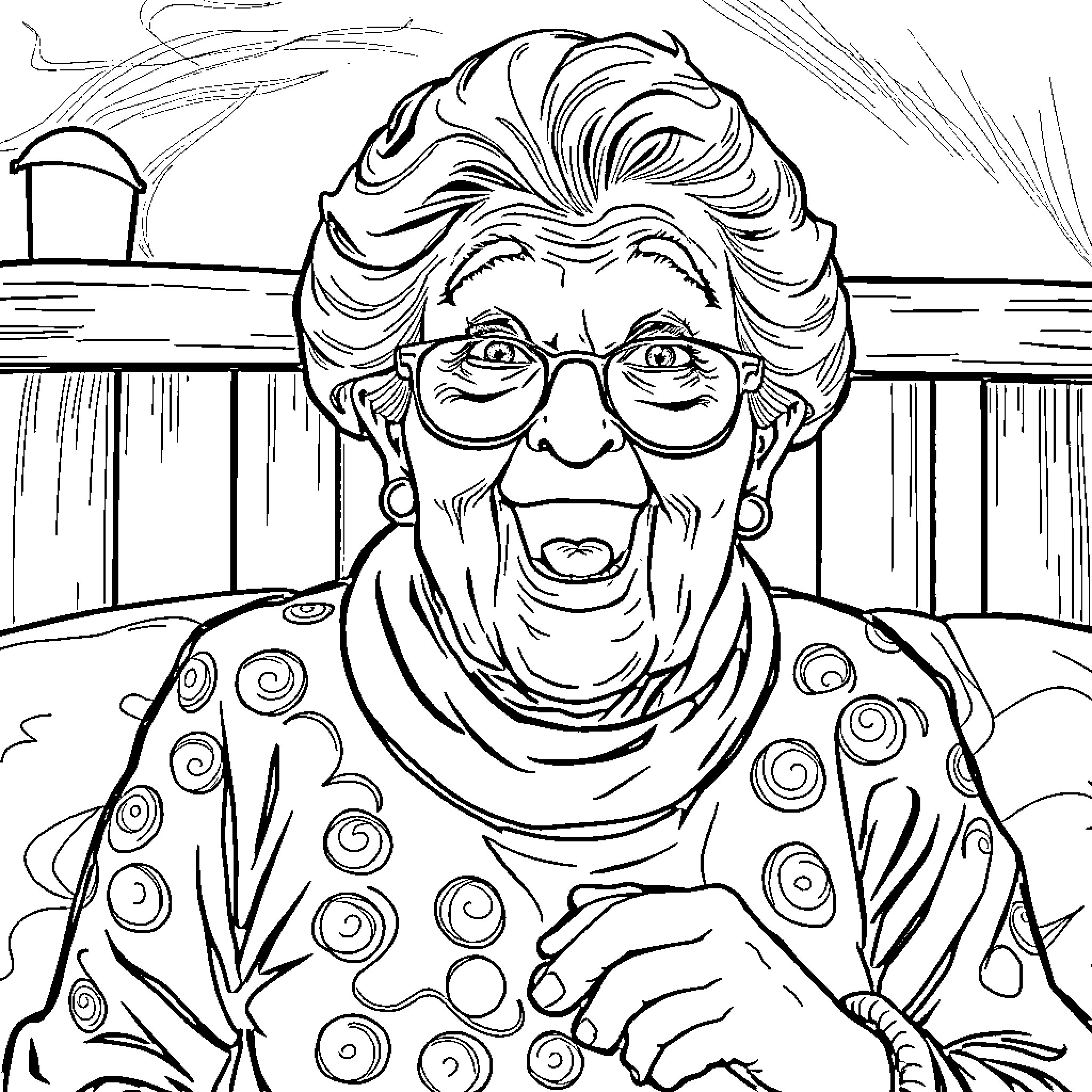 Granny's Lively Expression on the Porch Coloring Page (free black-and-white line drawing printable PDF for all, from beginners to advanced learners, including children, teens, adults, and seniors)