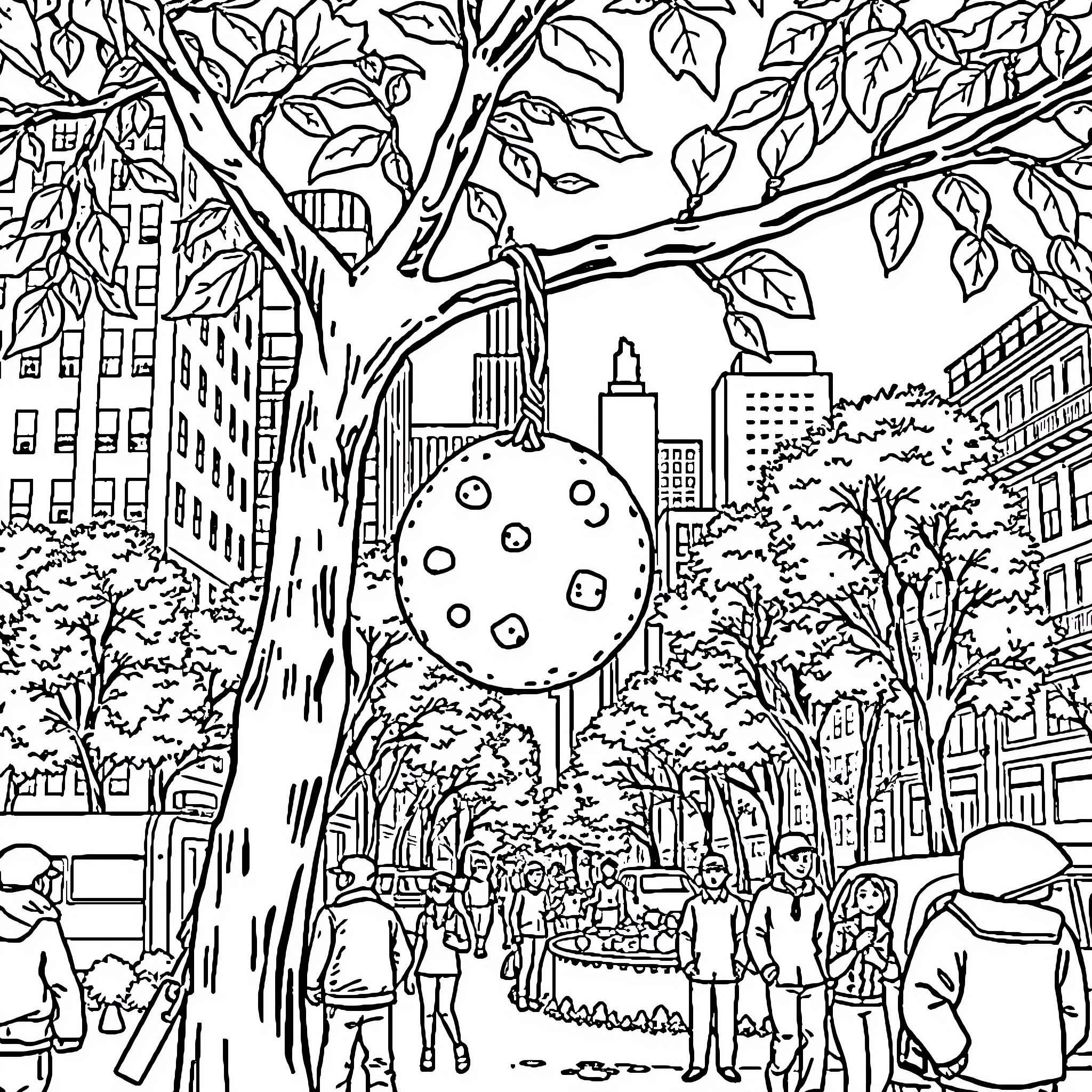 Cookie Festival in the City Park Coloring Page (free black-and-white line drawing printable PDF for all, from beginners to advanced learners, including children, teens, adults, and seniors)