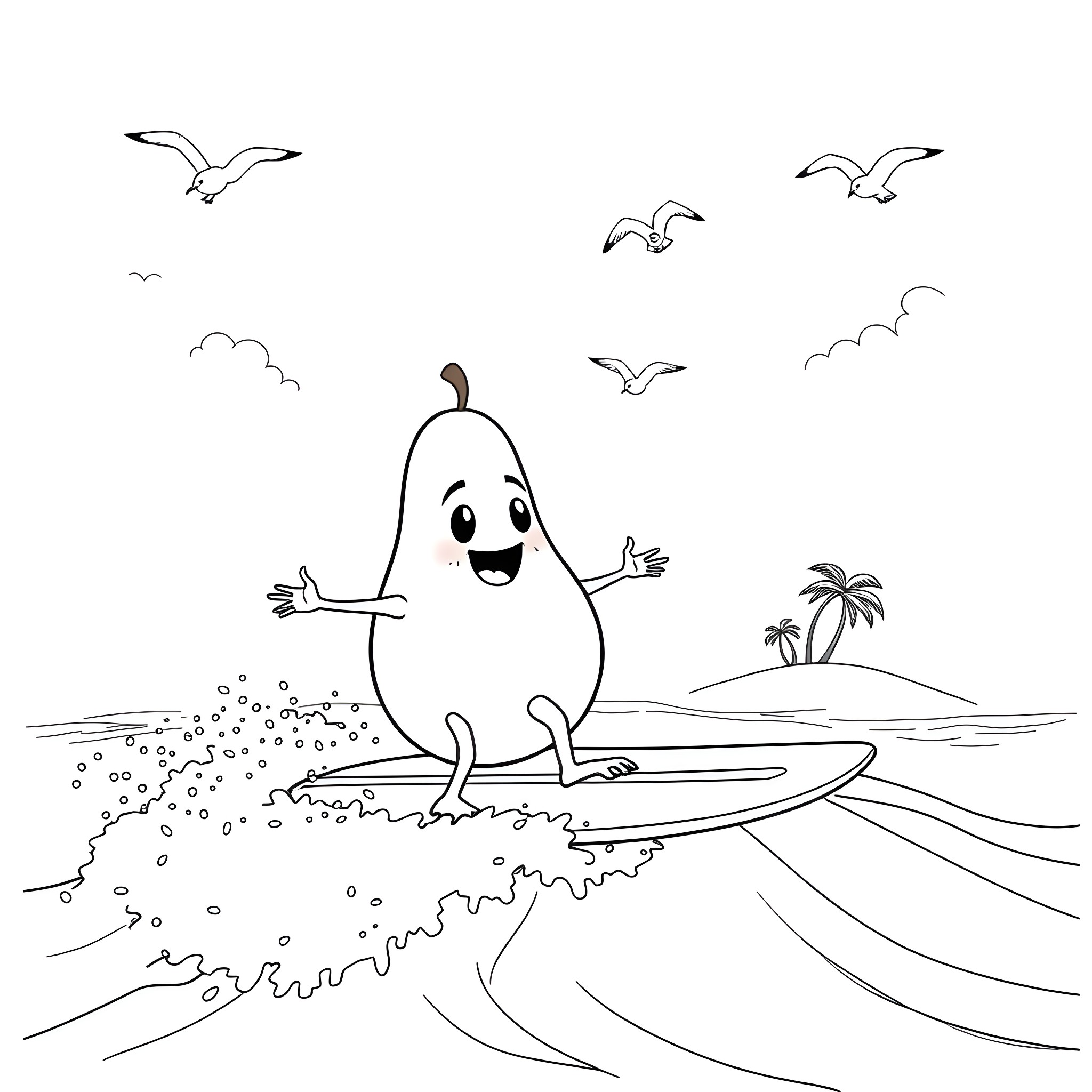 Avocado character surfing on the beach with birds Coloring Page (free black-and-white line drawing printable PDF for all, from beginners to advanced learners, including children, teens, adults, and seniors)