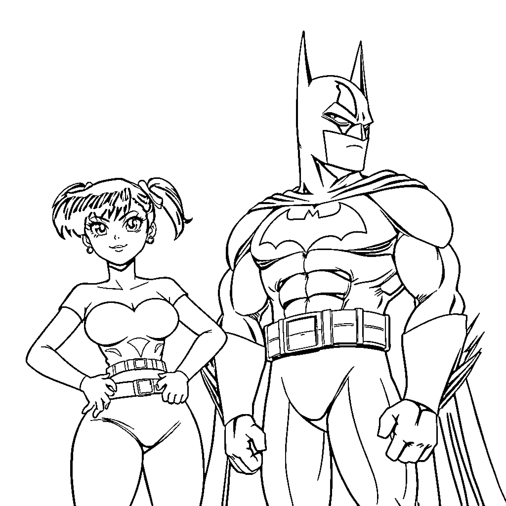Ranma and Batman in action-packed adventure Coloring Page (free black-and-white line drawing printable PDF for all, from beginners to advanced learners, including children, teens, adults, and seniors)