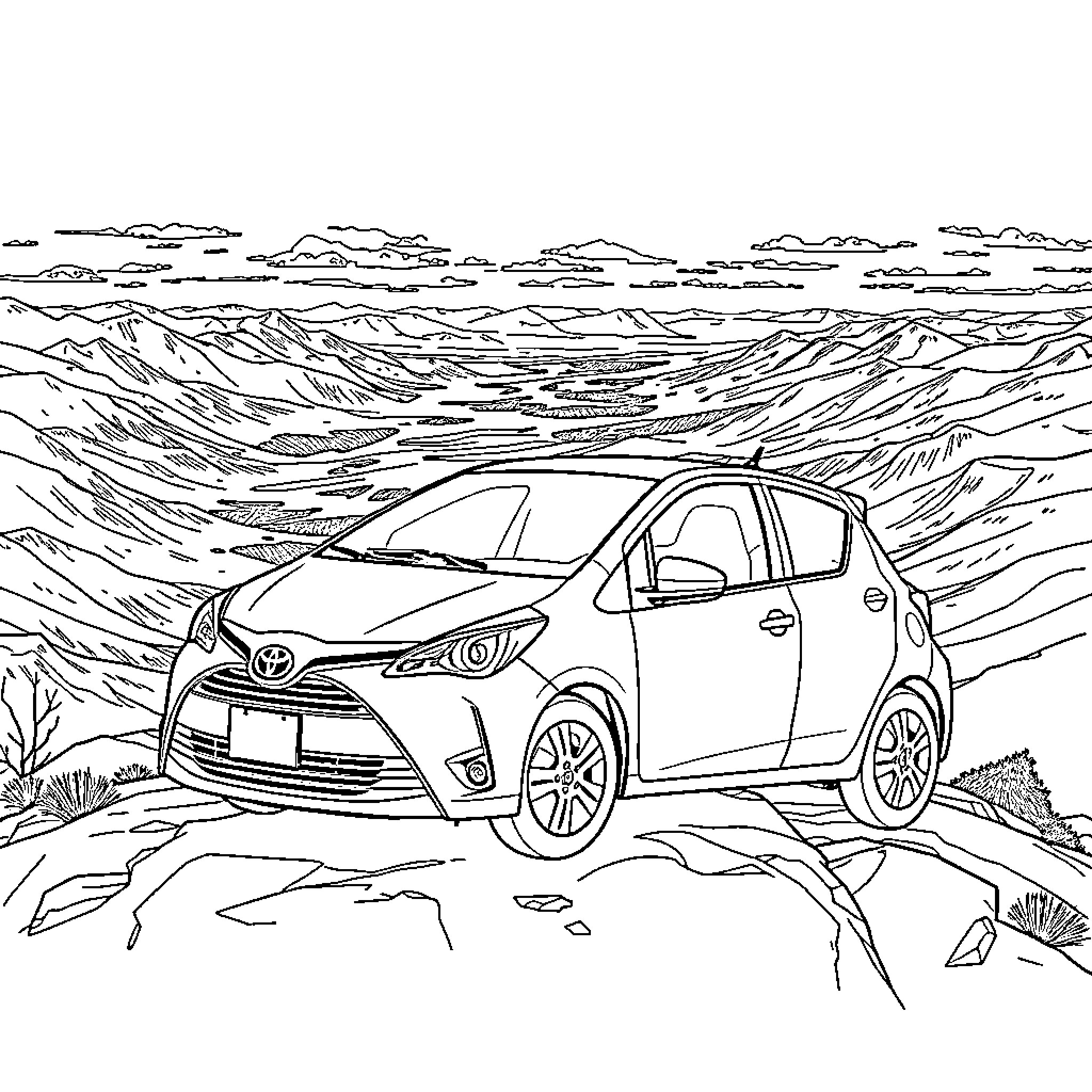 Toyota Yaris in Rugged Mountain Landscape Coloring Page (free black-and-white line drawing printable PDF for all, from beginners to advanced learners, including children, teens, adults, and seniors)