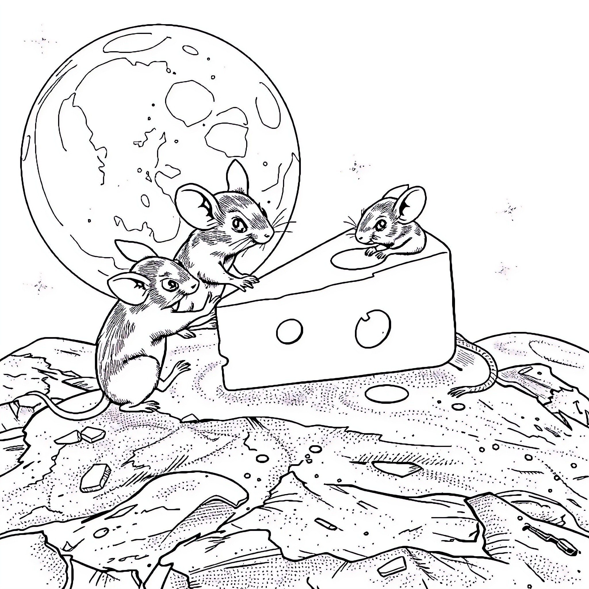 Mice exploring a moon-like landscape with cheese Coloring Page (free black-and-white line drawing printable PDF for all, from beginners to advanced learners, including children, teens, adults, and seniors)