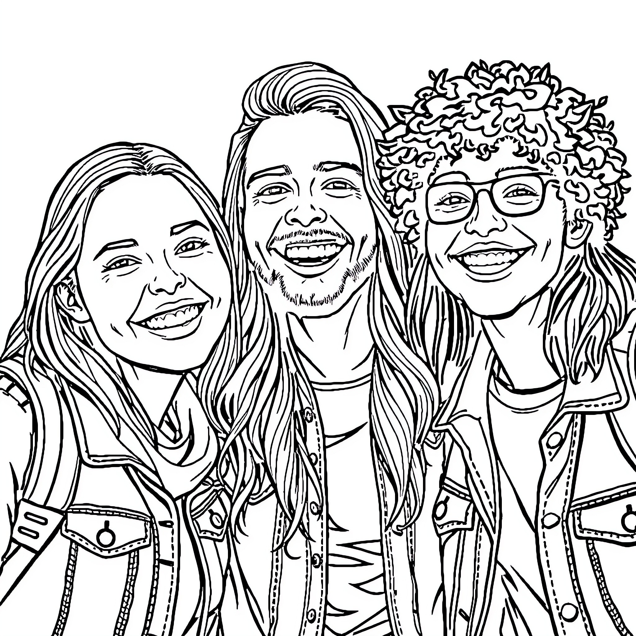 Friends enjoying a happy moment together Coloring Page (free black-and-white line drawing printable PDF for all, from beginners to advanced learners, including children, teens, adults, and seniors)