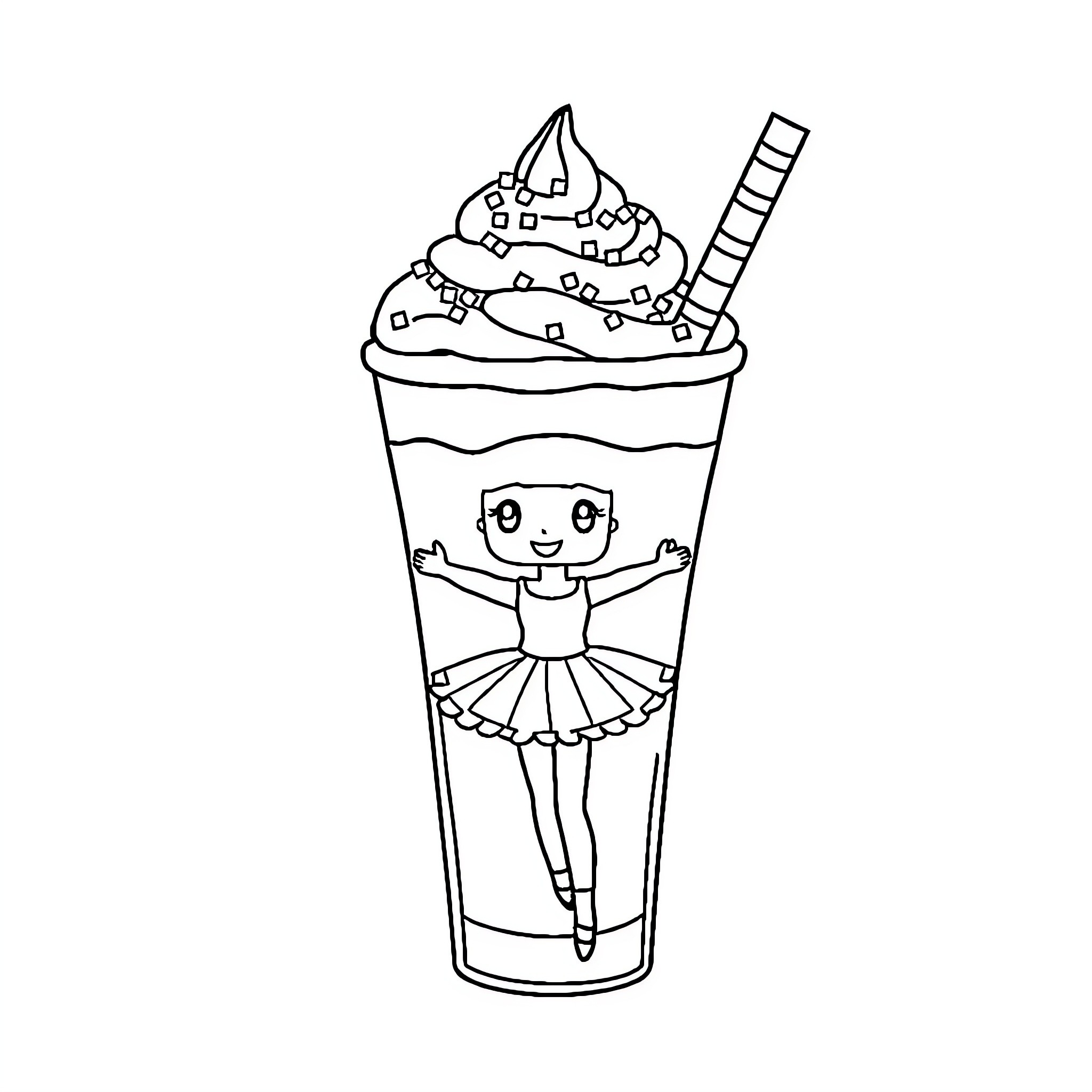 Ballerina in a Whimsical Dessert Cup Coloring Page (free black-and-white line drawing printable PDF for all, from beginners to advanced learners, including children, teens, adults, and seniors)