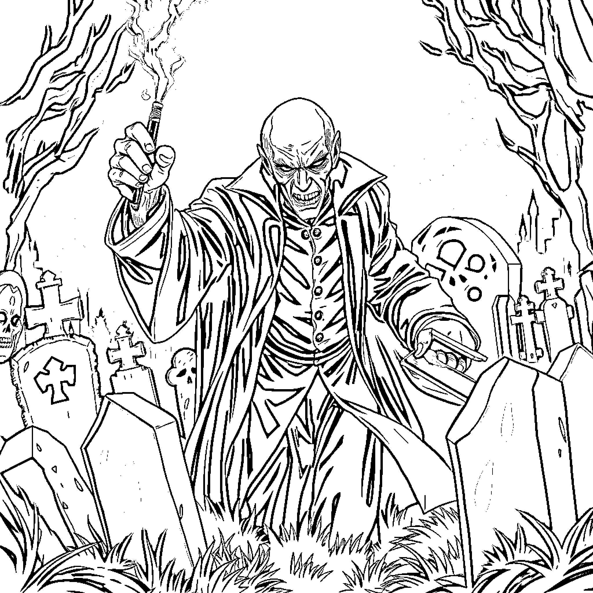 Voldemort's Haunting Presence in the Graveyard Coloring Page (free black-and-white line drawing printable PDF for all, from beginners to advanced learners, including children, teens, adults, and seniors)