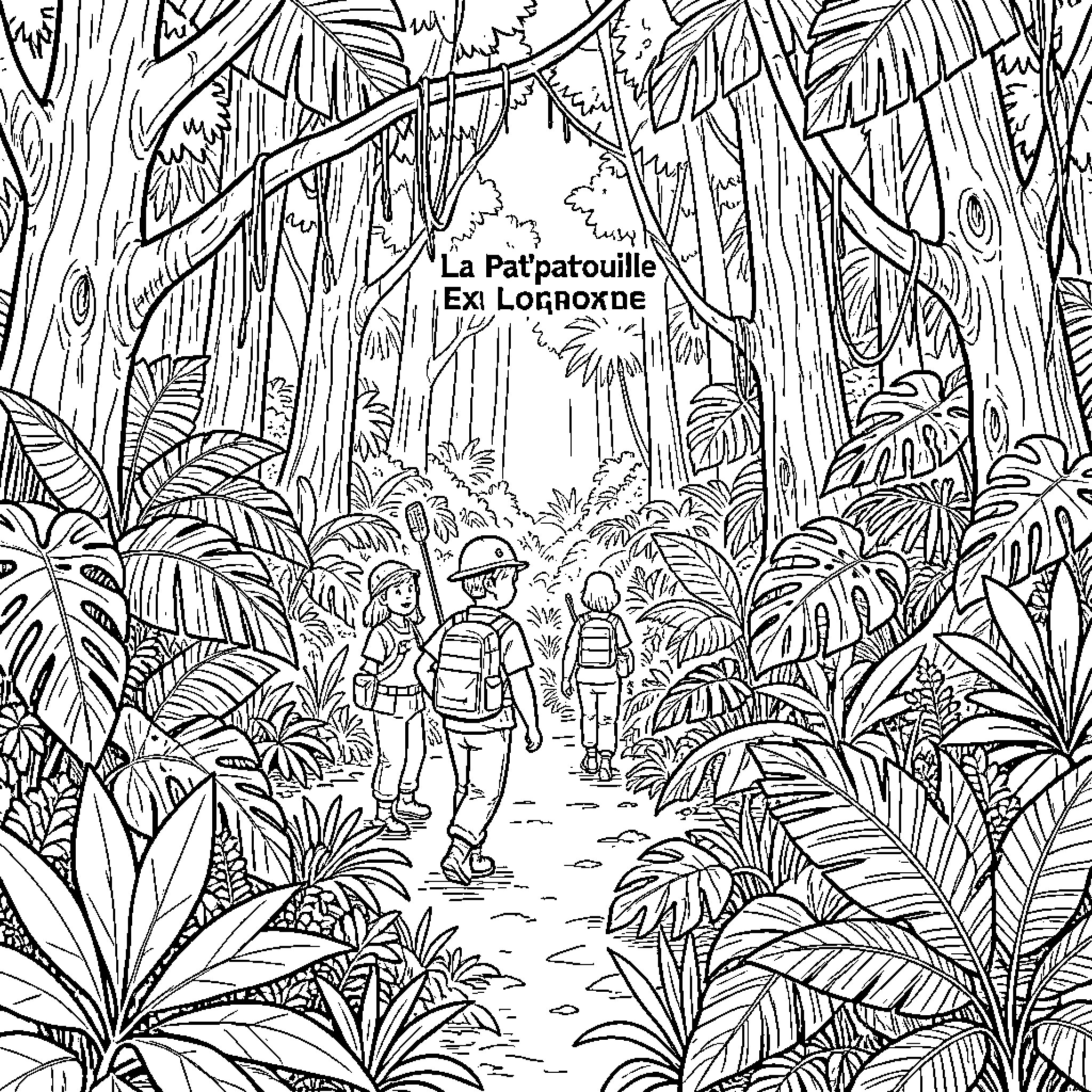 Paw Patrol Explorers in the Jungle Coloring Page (free black-and-white line drawing printable PDF for all, from beginners to advanced learners, including children, teens, adults, and seniors)