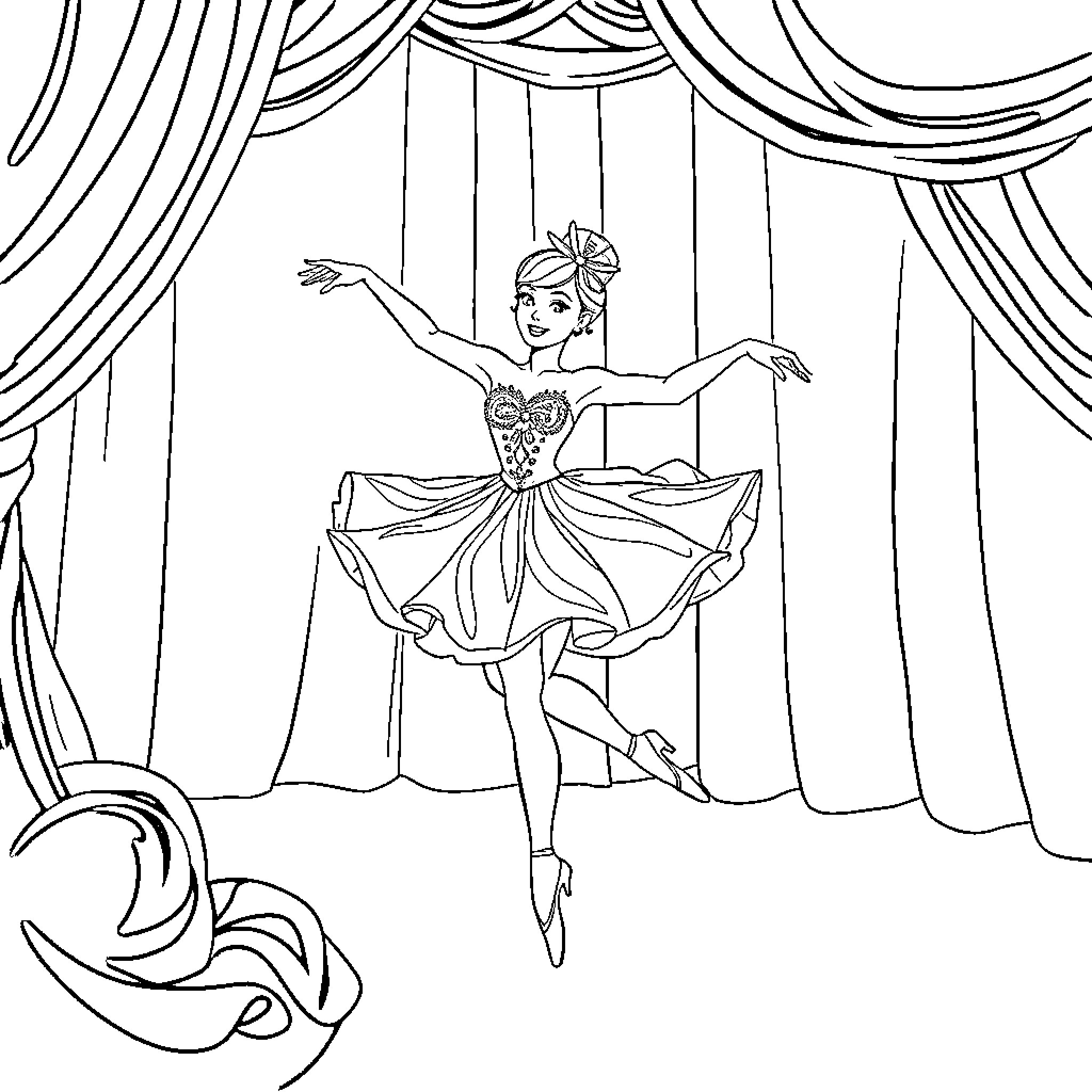 Ballerina performing gracefully on stage Coloring Page (free black-and-white line drawing printable PDF for all, from beginners to advanced learners, including children, teens, adults, and seniors)