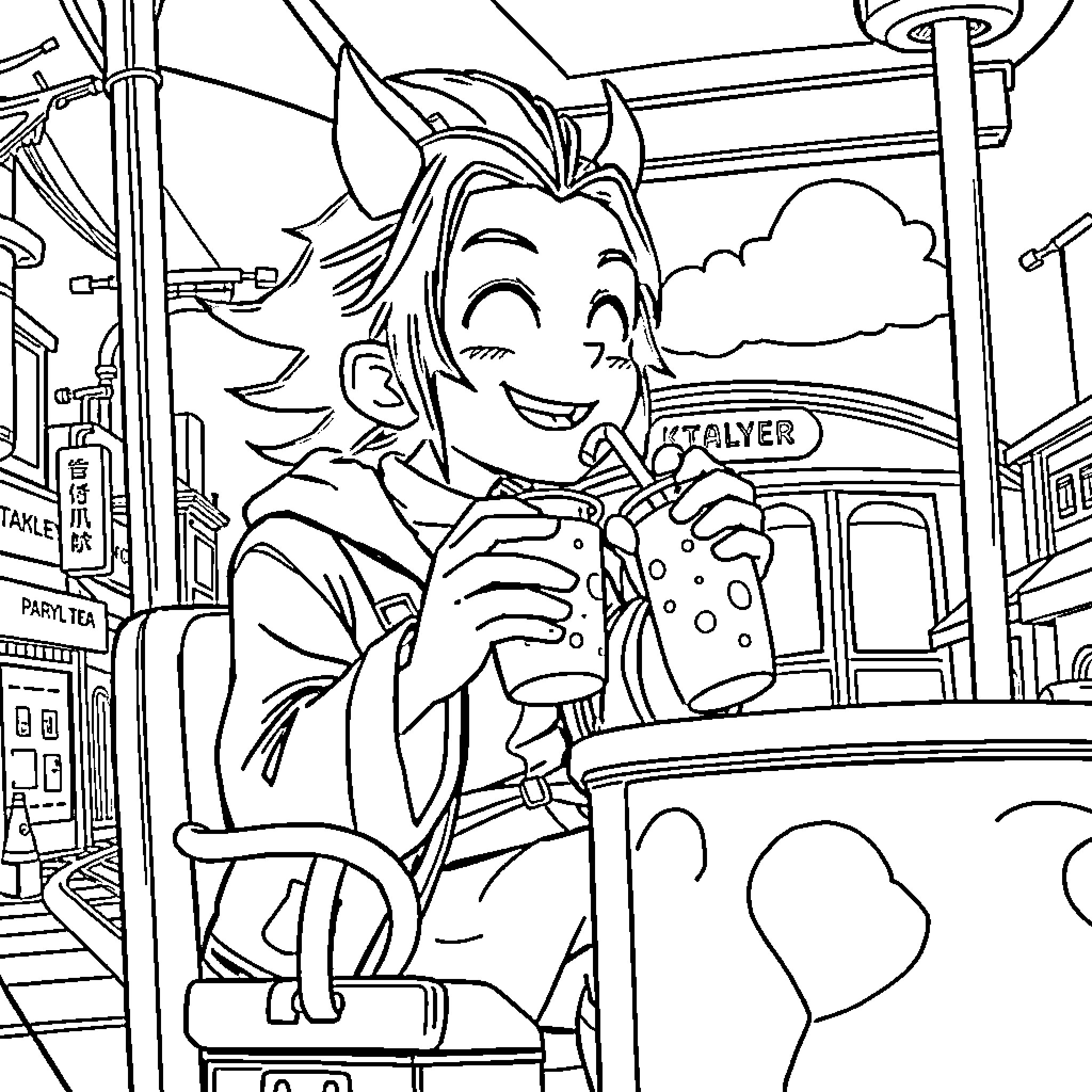 Tanjiro enjoying a snack on the bus Coloring Page (free black-and-white line drawing printable PDF for all, from beginners to advanced learners, including children, teens, adults, and seniors)