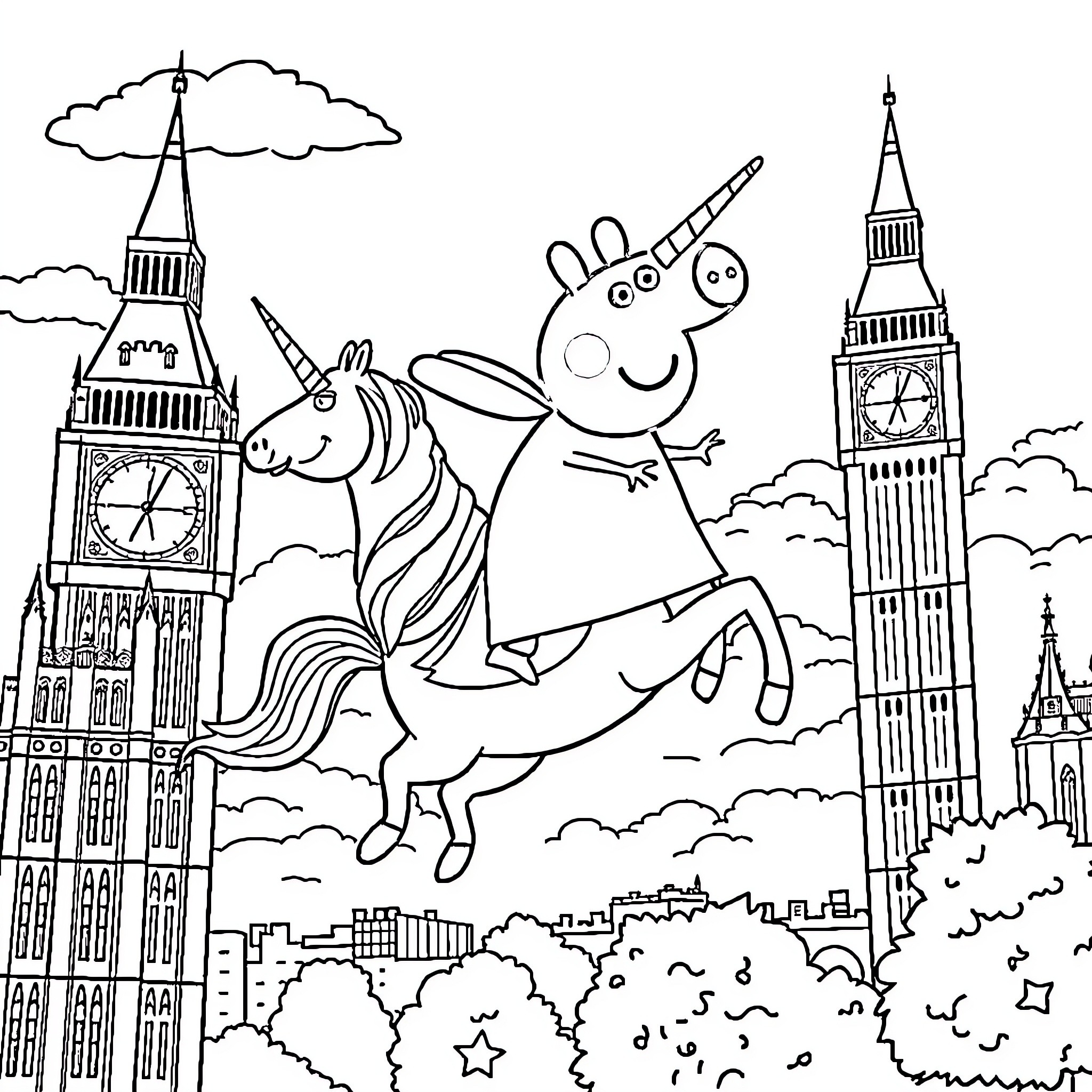 Peppa Pig riding a unicorn in London Coloring Page (free black-and-white line drawing printable PDF for all, from beginners to advanced learners, including children, teens, adults, and seniors)