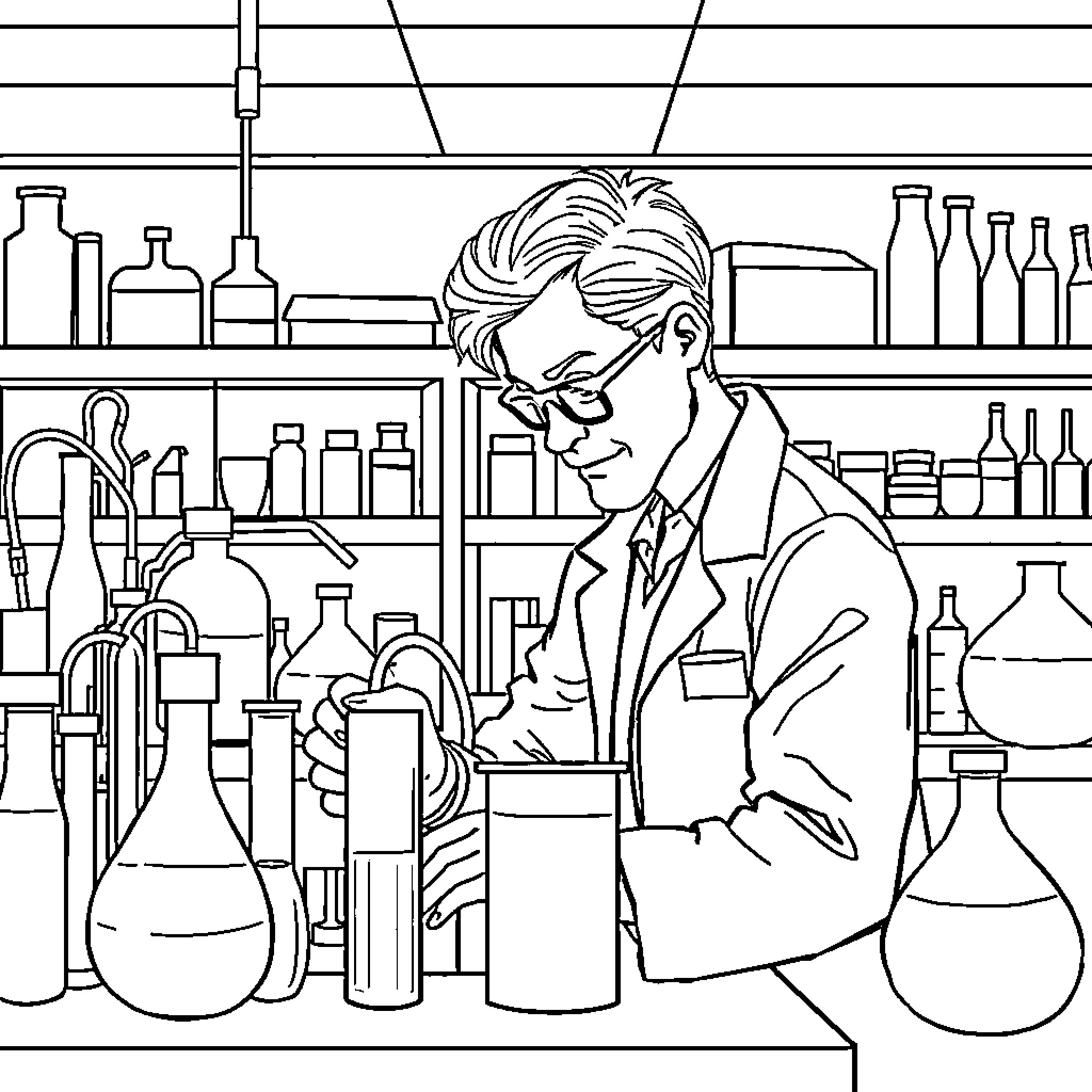 Scientist working diligently in laboratory Coloring Page (free black-and-white line drawing printable PDF for all, from beginners to advanced learners, including children, teens, adults, and seniors)