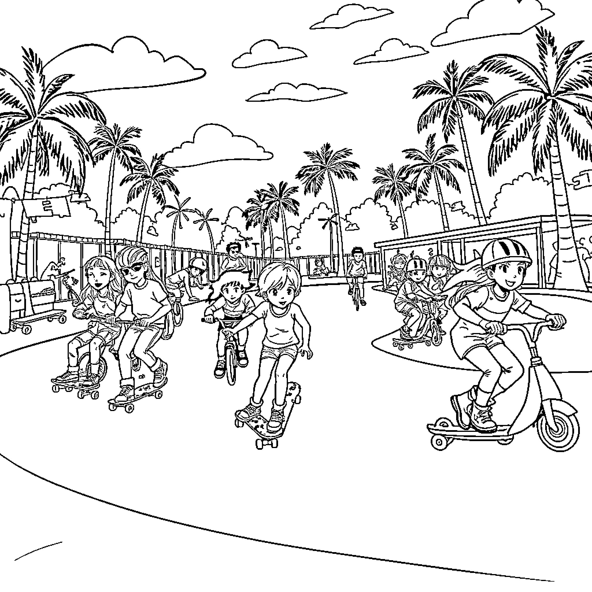 Kid's Fun Day at the Beach with Roller Skating and Scooters Coloring Page (free black-and-white line drawing printable PDF for all, from beginners to advanced learners, including children, teens, adults, and seniors)