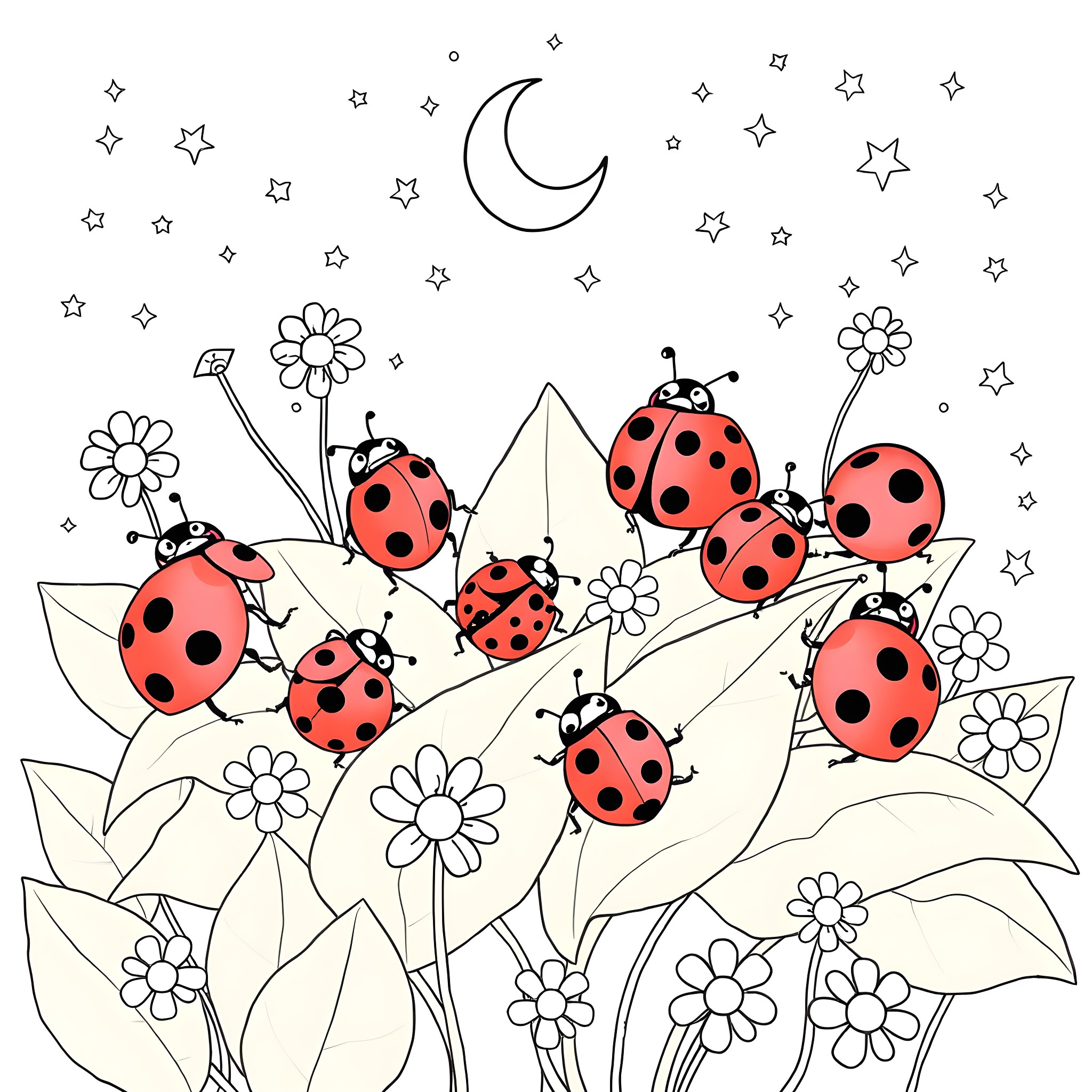 Ladybird friends dancing among flowers under the moon Coloring Page (free black-and-white line drawing printable PDF for all, from beginners to advanced learners, including children, teens, adults, and seniors)