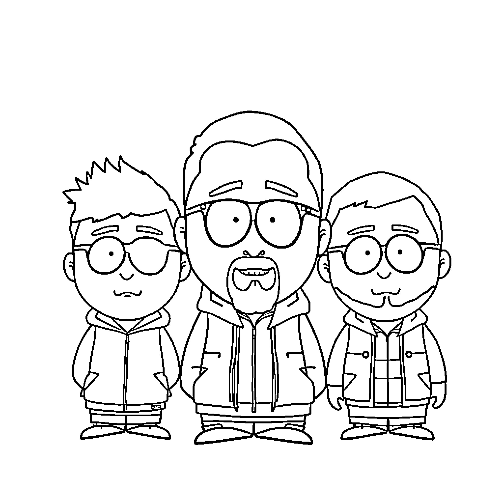 South Park Characters in Casual Outfits Coloring Page (free black-and-white line drawing printable PDF for all, from beginners to advanced learners, including children, teens, adults, and seniors)