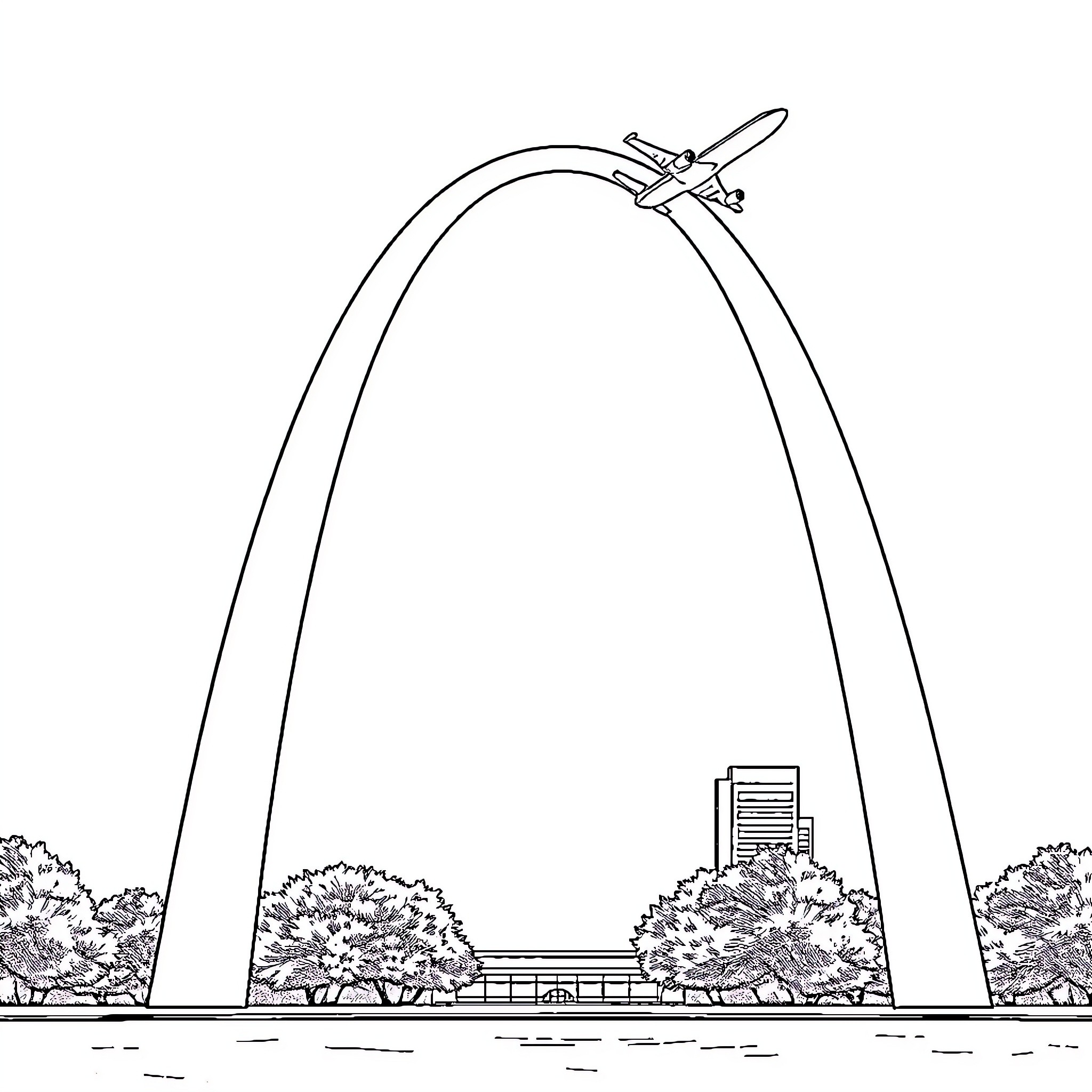 Saint Louis Arch overlooking scenic cityscape Coloring Page (free black-and-white line drawing printable PDF for all, from beginners to advanced learners, including children, teens, adults, and seniors)