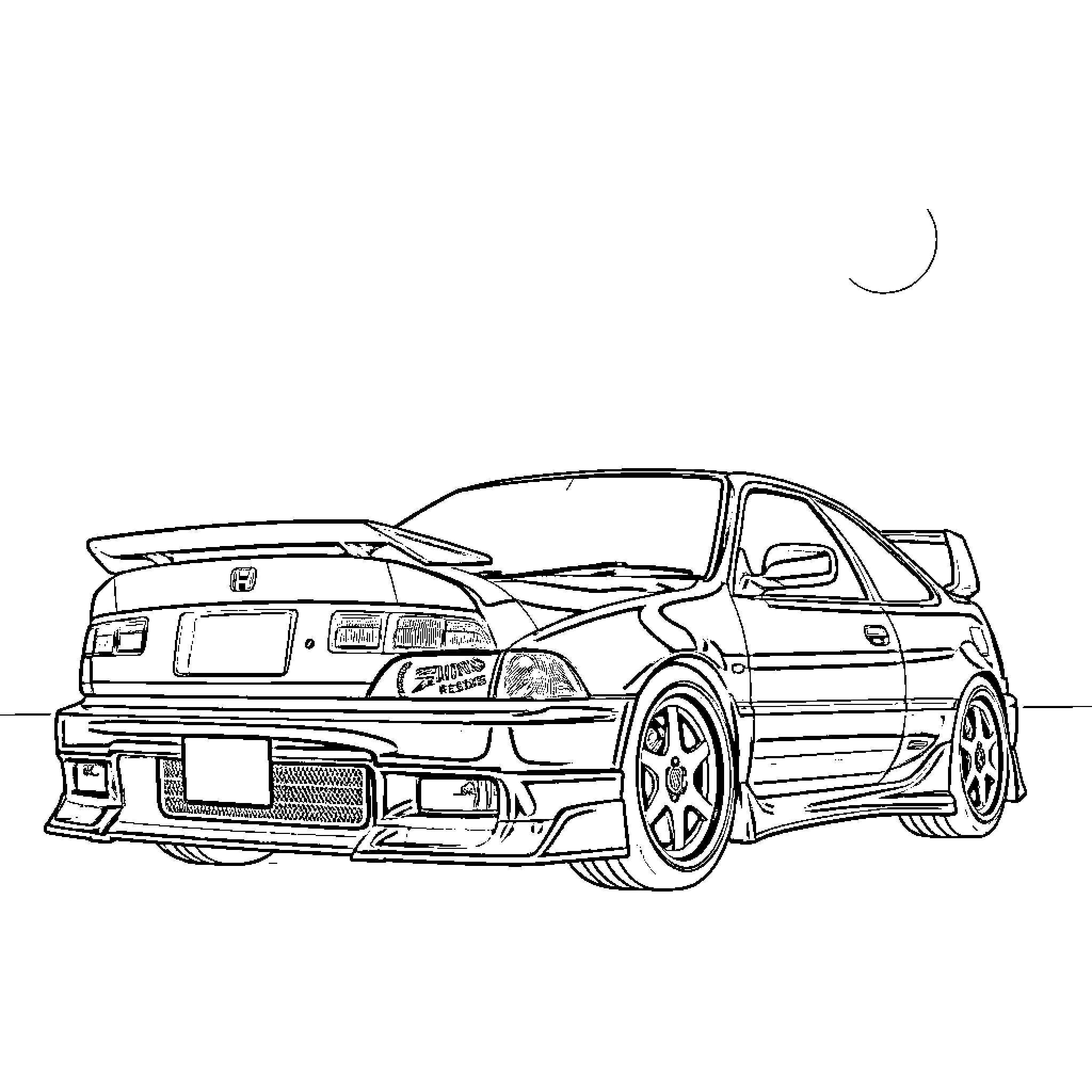 Honda Civic sports car with stylized body kit Coloring Page (free black-and-white line drawing printable PDF for all, from beginners to advanced learners, including children, teens, adults, and seniors)