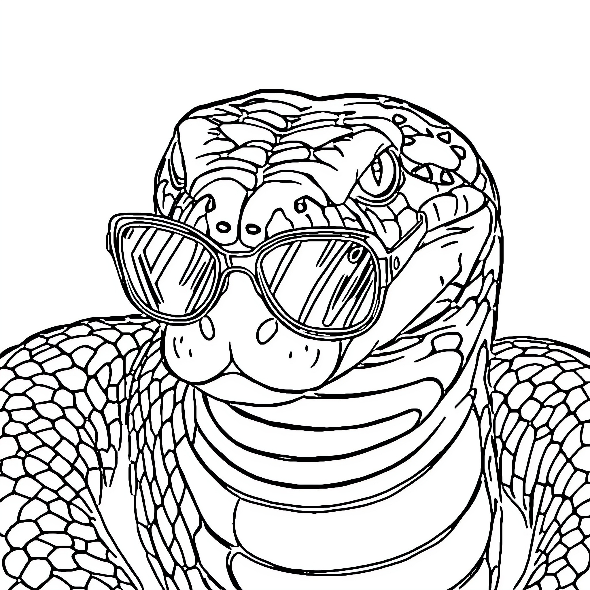 Snake wearing sunglasses in playful mood Coloring Page (free black-and-white line drawing printable PDF for all, from beginners to advanced learners, including children, teens, adults, and seniors)