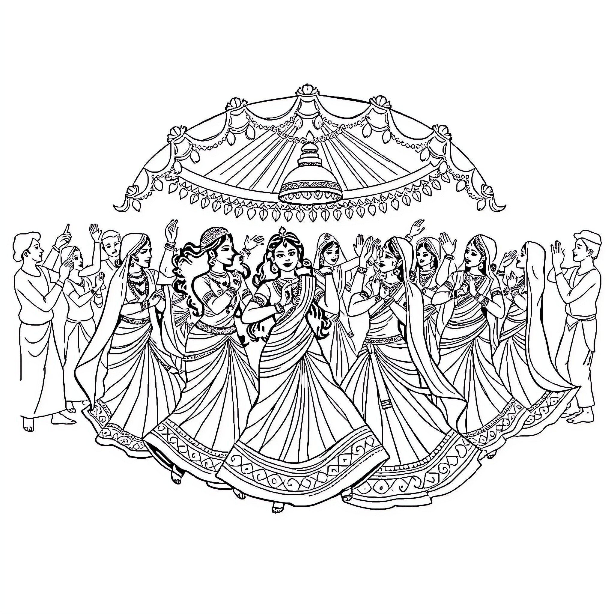 Navaratri celebration with traditional dance and attire Coloring Page (free black-and-white line drawing printable PDF for all, from beginners to advanced learners, including children, teens, adults, and seniors)
