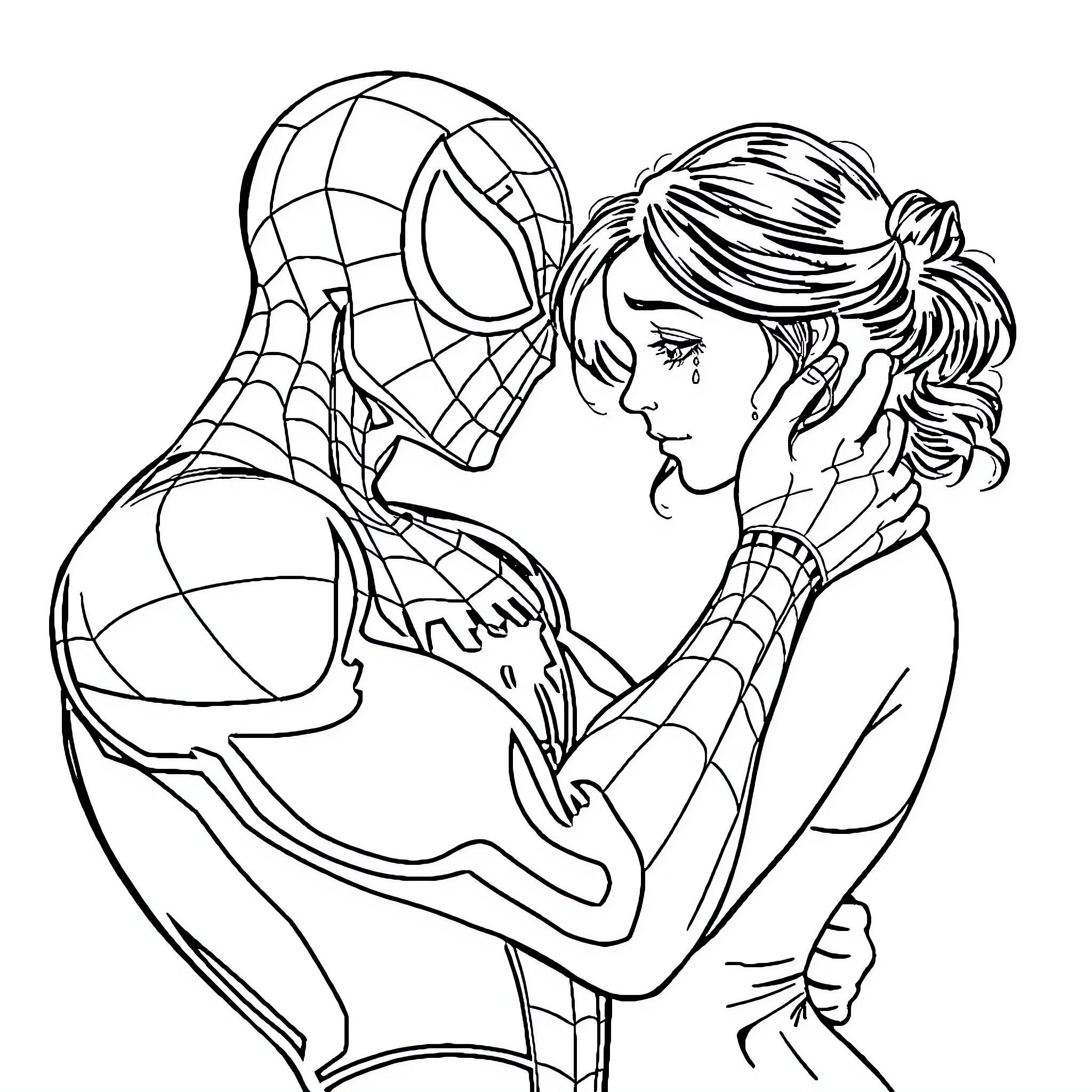 Spiderman comforting and consoling a distressed person Coloring Page (free black-and-white line drawing printable PDF for all, from beginners to advanced learners, including children, teens, adults, and seniors)