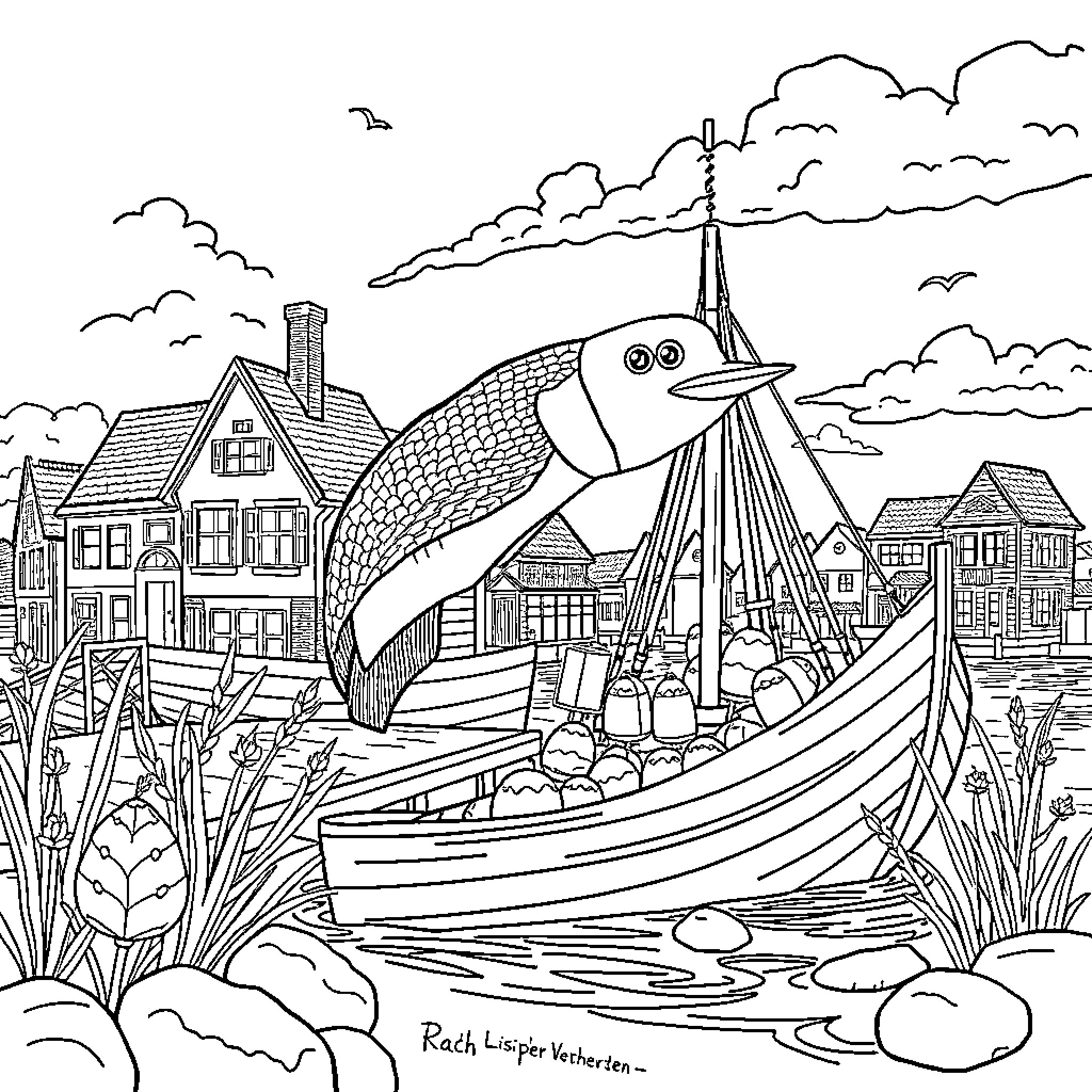 Harbor with Fishing Boat and Sea Creatures Coloring Page (free black-and-white line drawing printable PDF for all, from beginners to advanced learners, including children, teens, adults, and seniors)