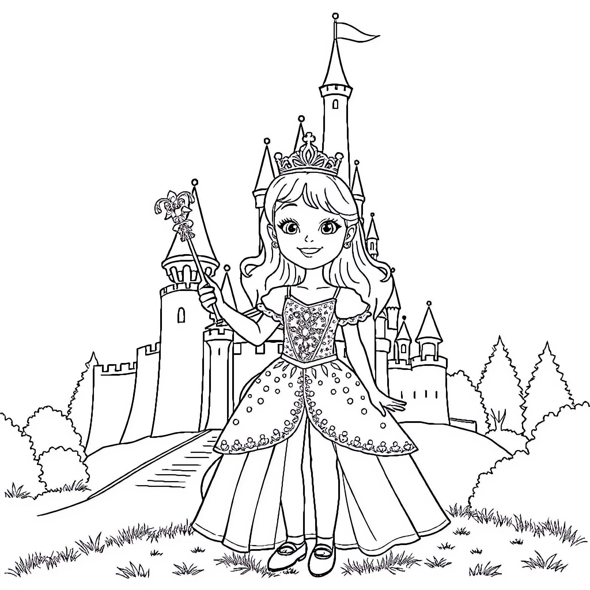 Princess in a Fairytale Castle Coloring Page (free black-and-white line drawing printable PDF for all, from beginners to advanced learners, including children, teens, adults, and seniors)
