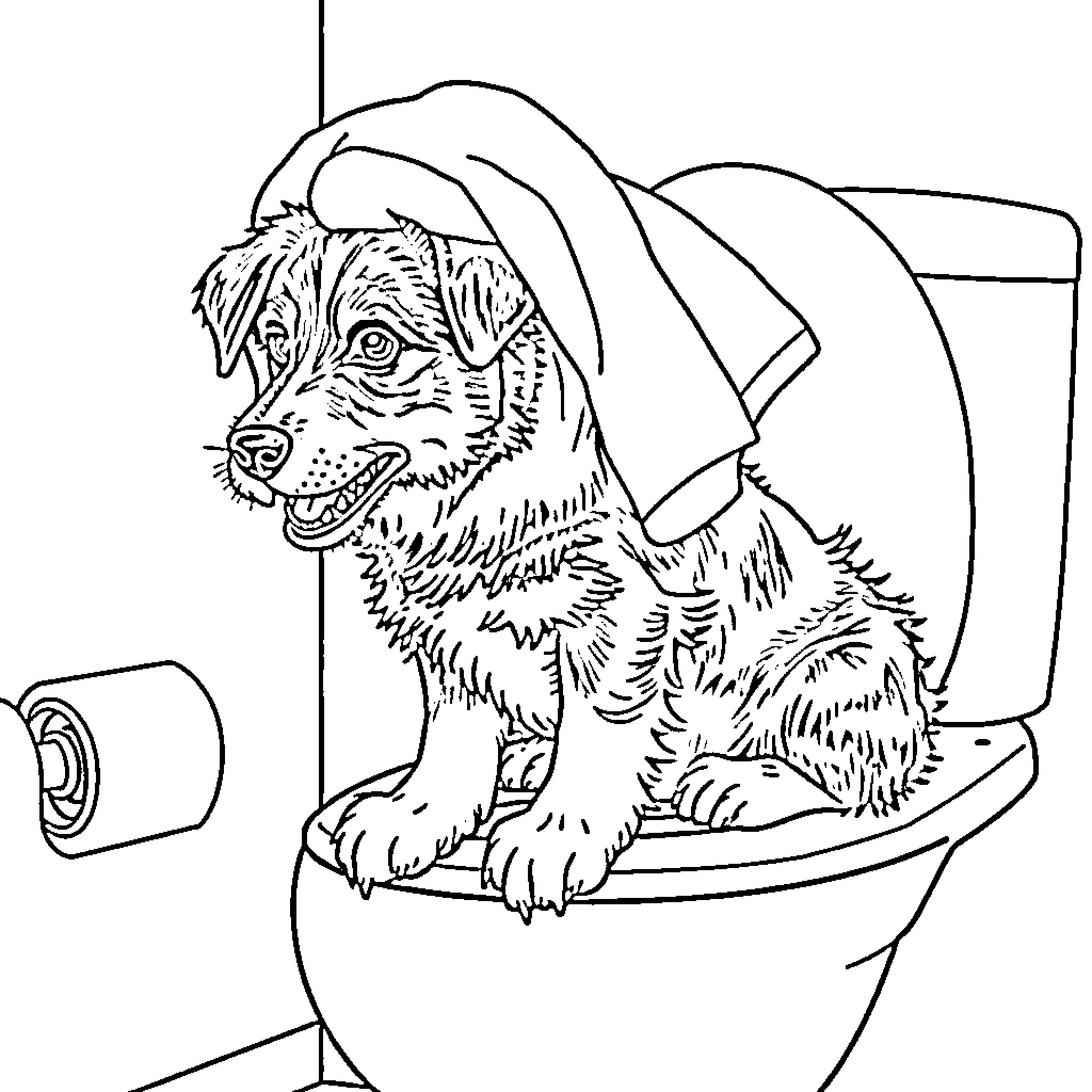 Blue Heeler pup sitting on toilet with toilet paper Coloring Page (free black-and-white line drawing printable PDF for all, from beginners to advanced learners, including children, teens, adults, and seniors)