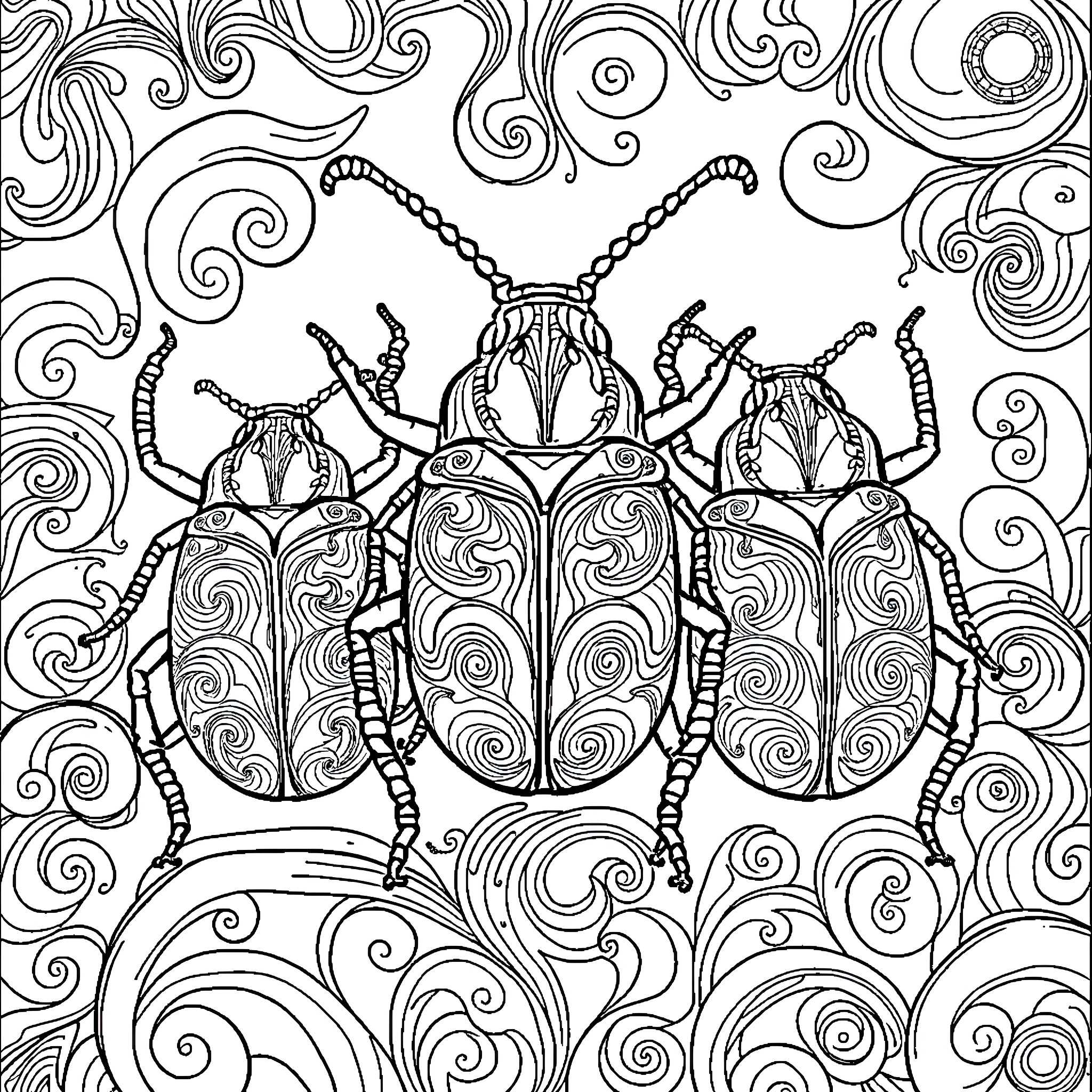 Beetle crawling through a swirling pattern Coloring Page (free black-and-white line drawing printable PDF for all, from beginners to advanced learners, including children, teens, adults, and seniors)