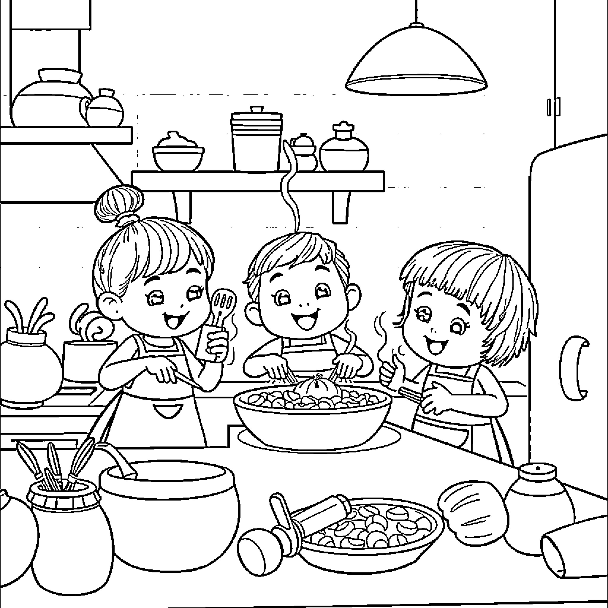 Babblarna enjoying a meal together in the kitchen Coloring Page (free black-and-white line drawing printable PDF for all, from beginners to advanced learners, including children, teens, adults, and seniors)